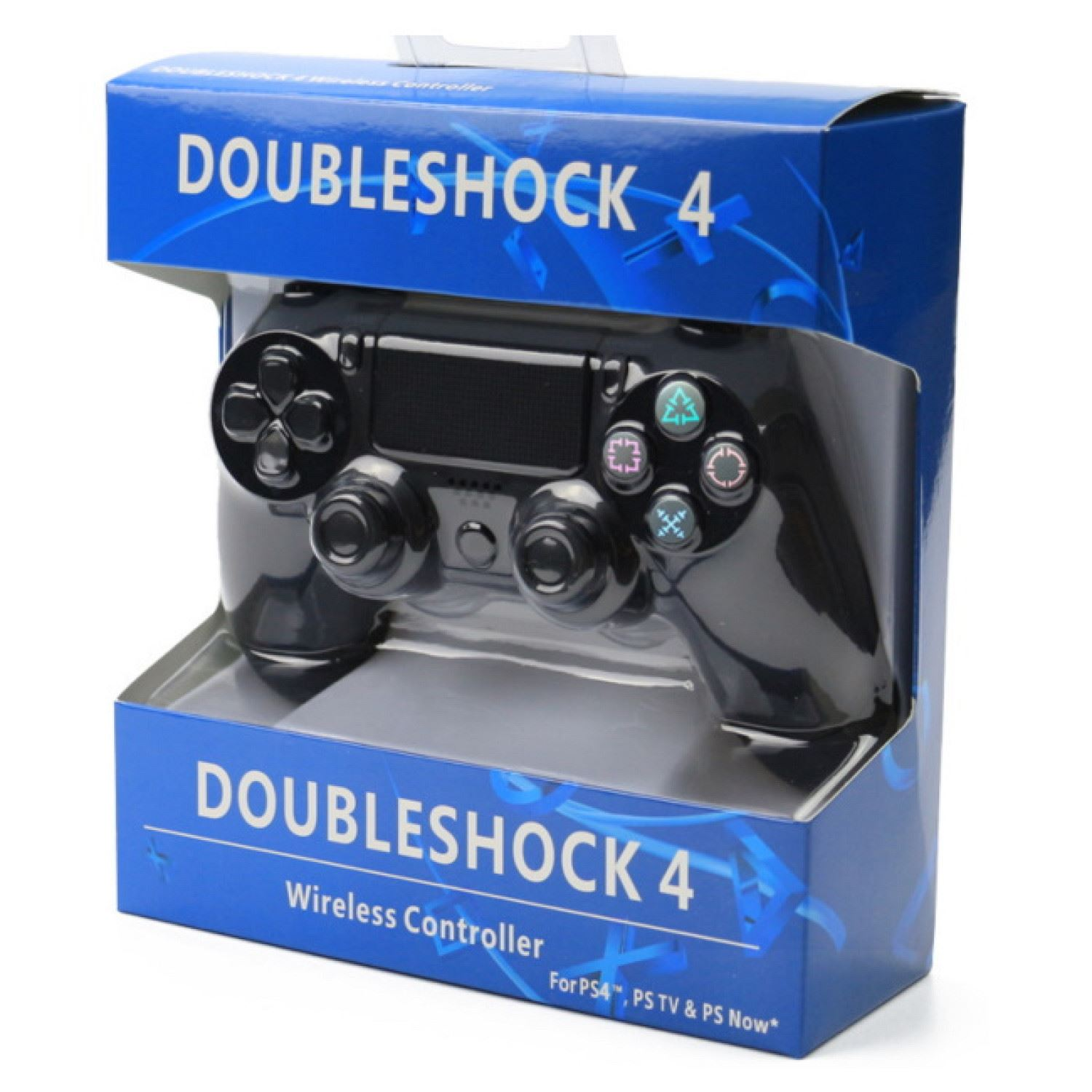 Un controller PlayStation 4 nero dentro una scatola blu. Testo: 'DUALSHOCK 4' e 'Wireless Controller'.