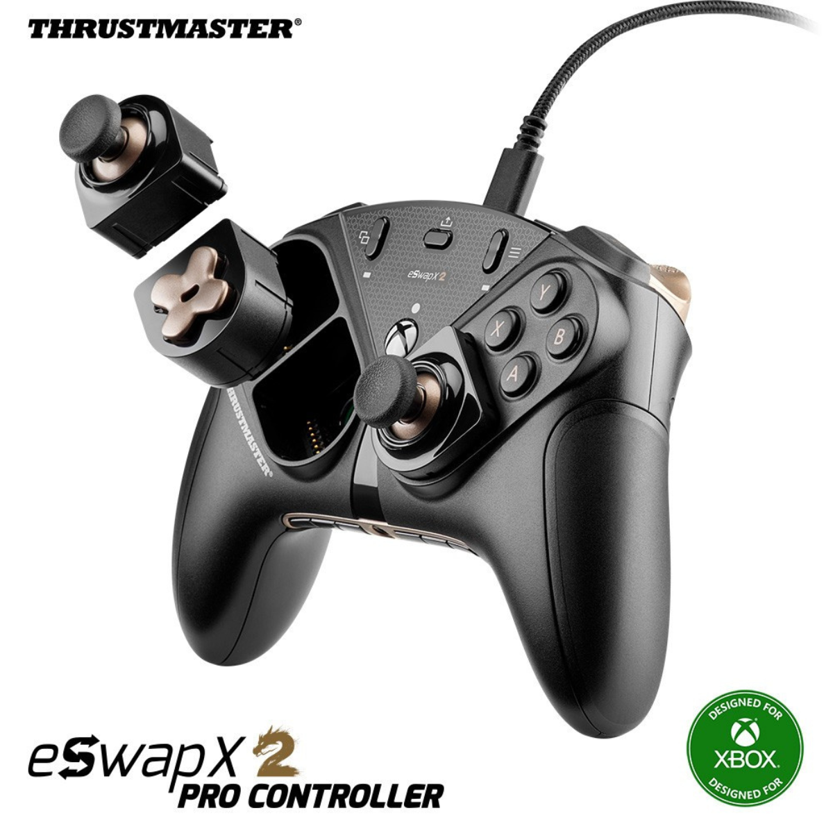 Czarny kontroler Thrustmaster eSwapX 2 Pro, z odłączanymi częściami i kablem.