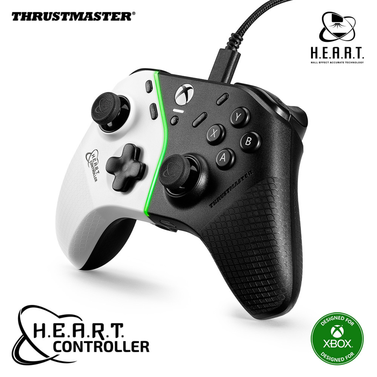Kontroler Xbox, czarno-biały, z zielonymi akcentami. Logo H.E.A.R.T. Controller.