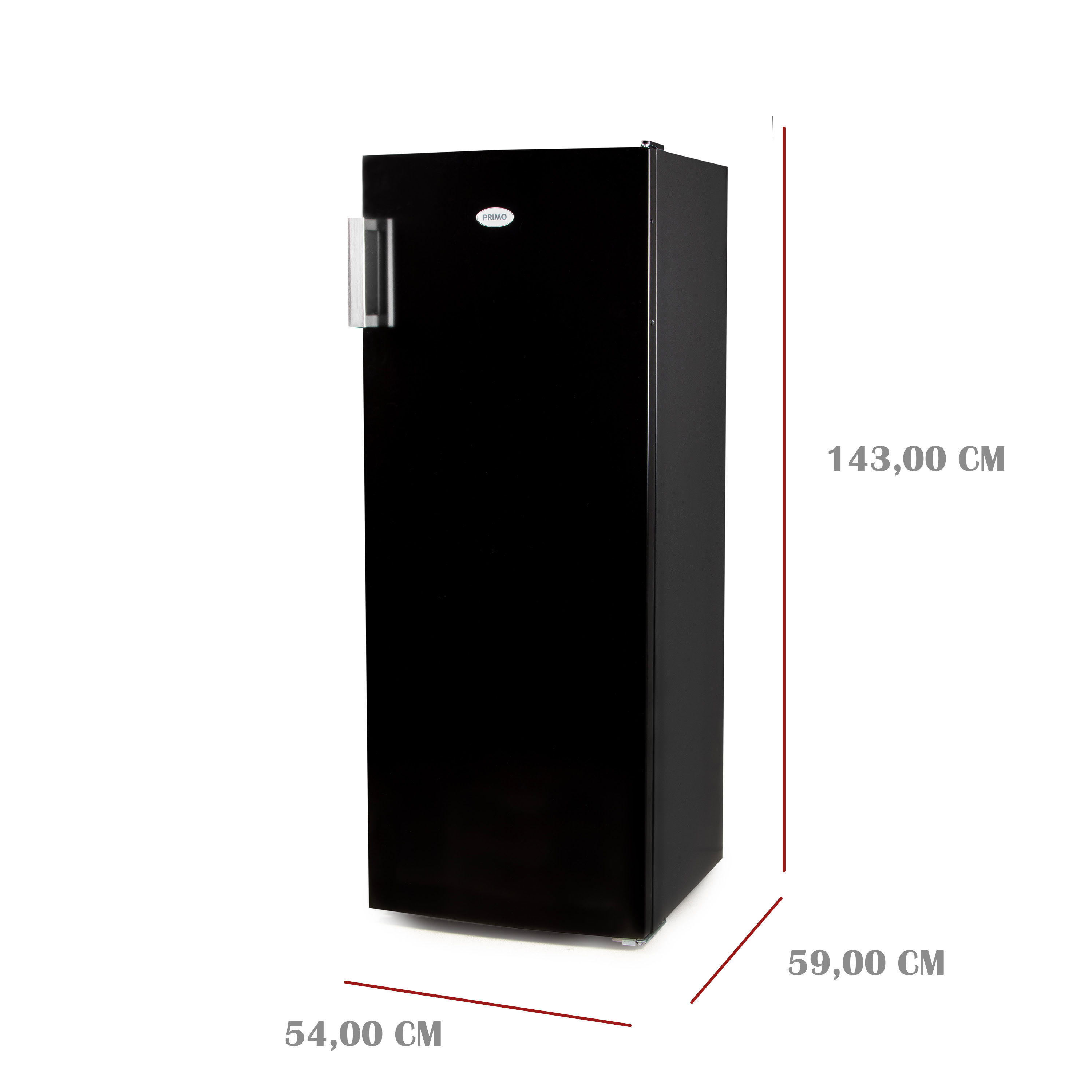 Zwarte koelkast met afmetingen. Afmetingen zijn: 143cm, 59cm en 54cm.