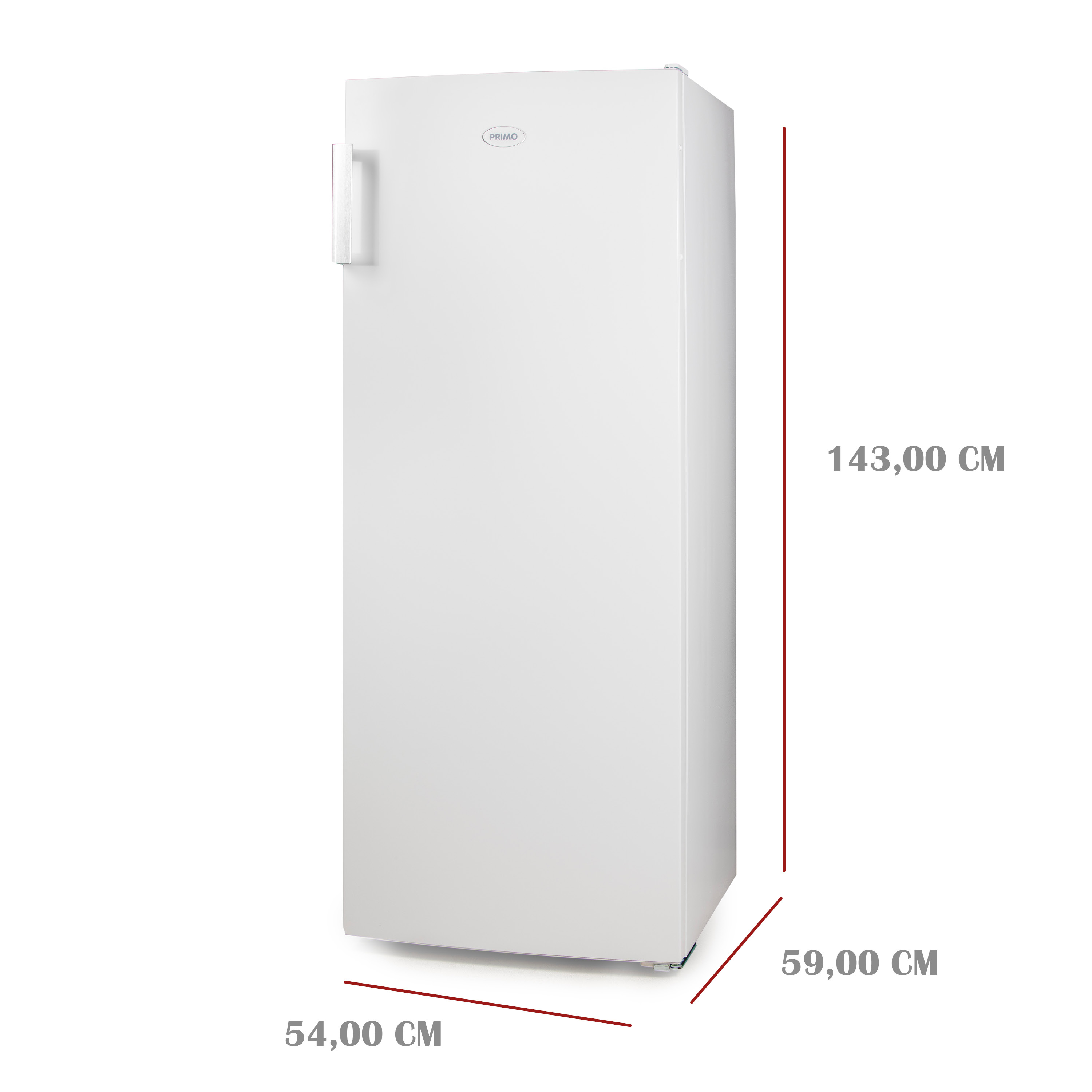 Een witte PRIMO koelkast met afmetingen: 143cm hoog, 54cm breed en 59cm diep.