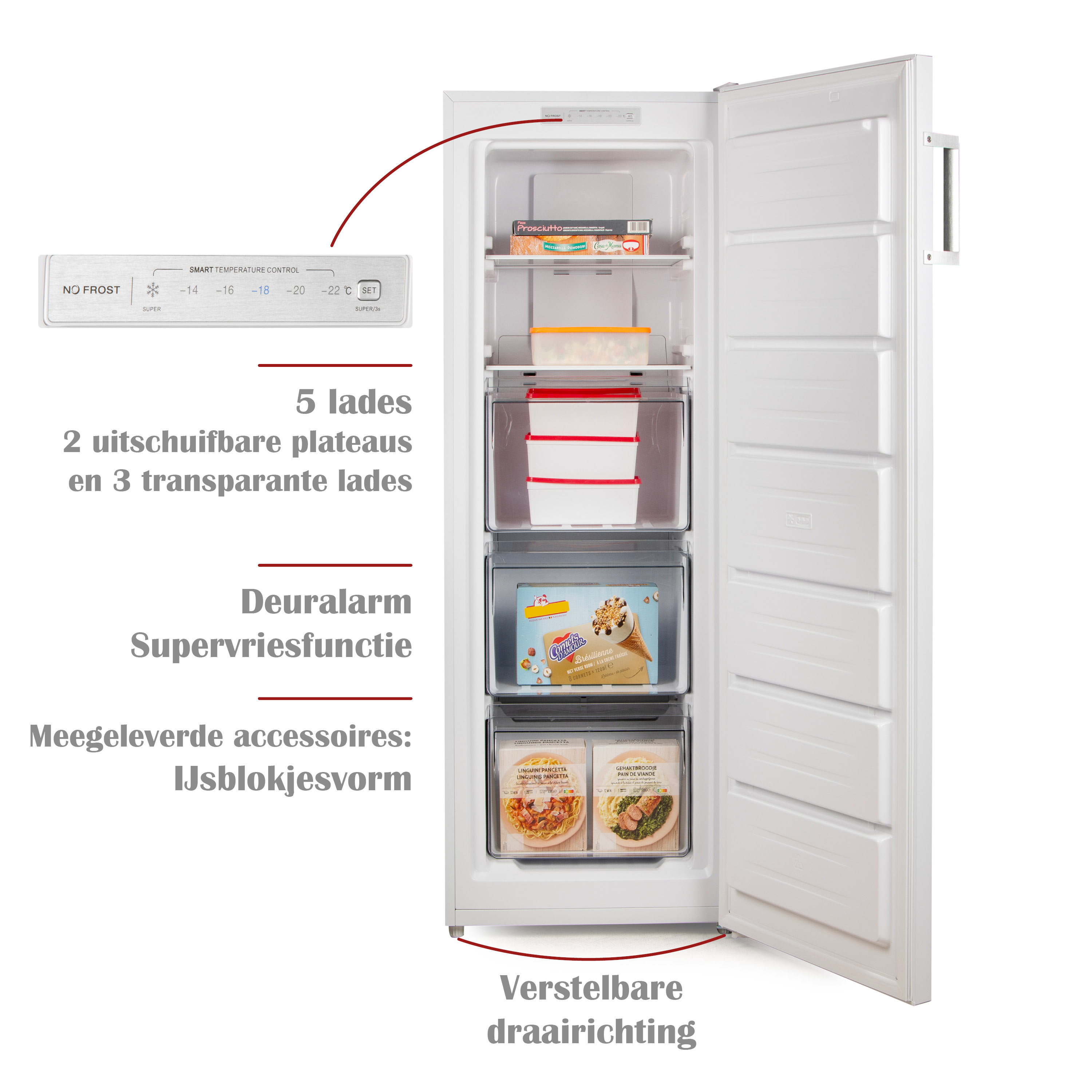 Een witte vriezer met de deur open, met planken en lades met voedsel.