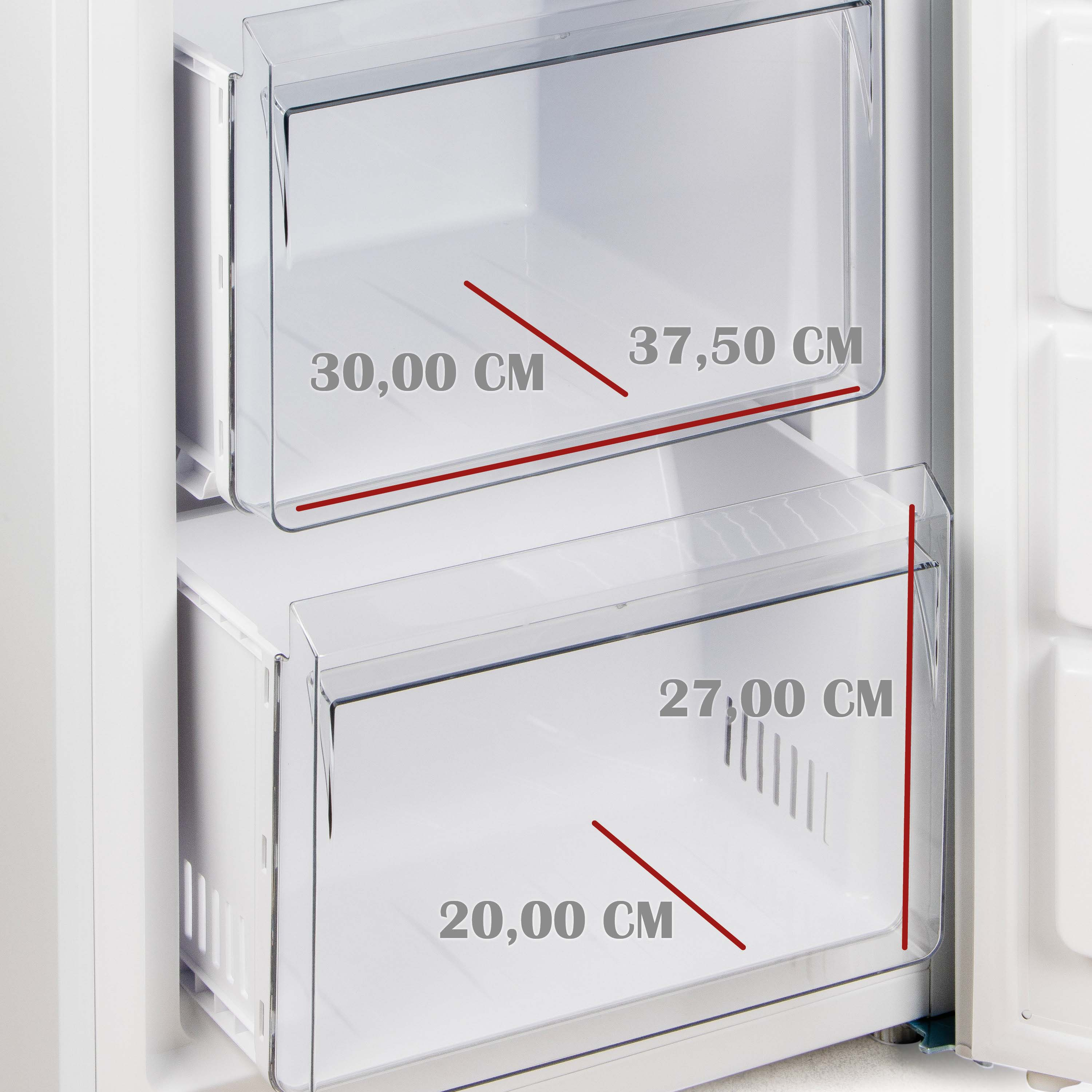 Open vrieslade met witte afmetingen.
