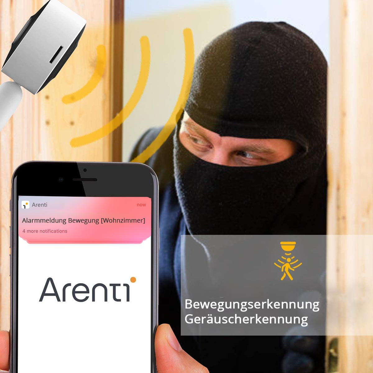 Ein Smartphone zeigt eine App-Benachrichtigung. Ein Einbrecher ist hinter dem Telefon sichtbar.