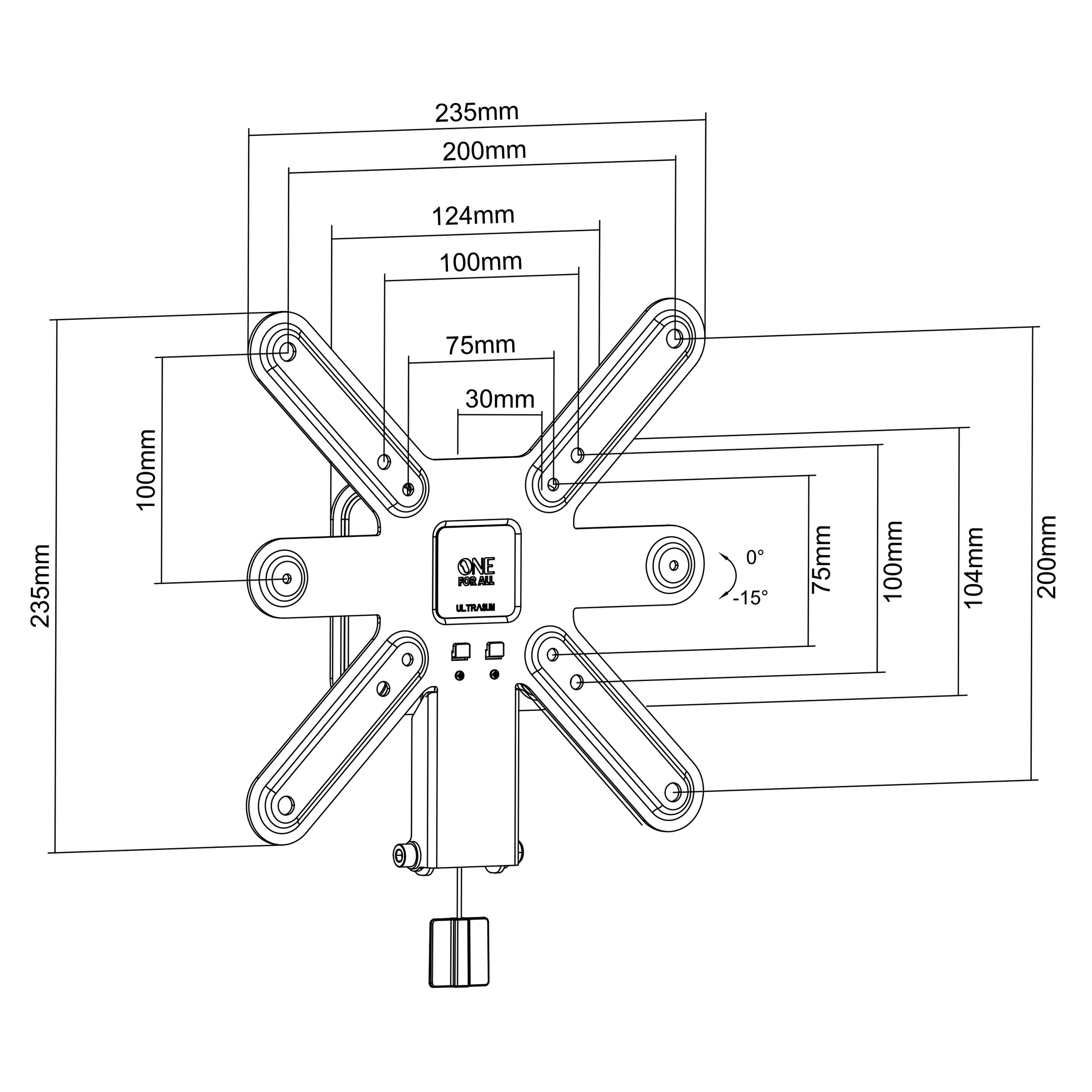 White line drawing of a TV mount with dimensions labeled.