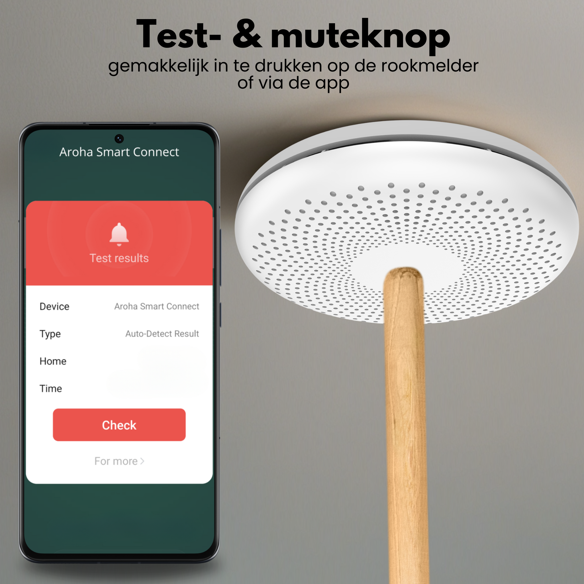 A smartphone displaying an app interface next to a white ceiling-mounted smoke detector with a wooden stick.