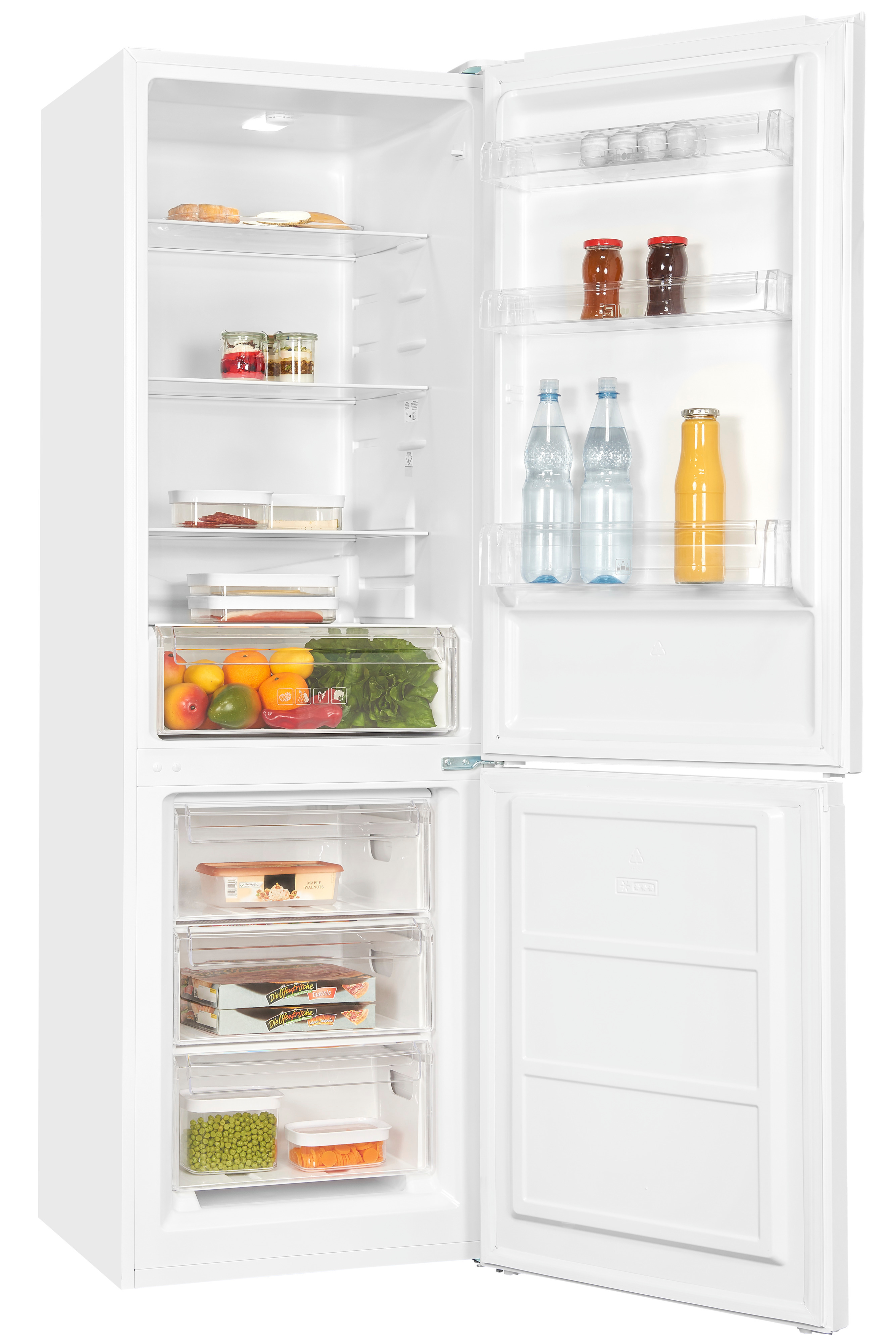 White refrigerator with open door showing shelves, drawers, and food items.