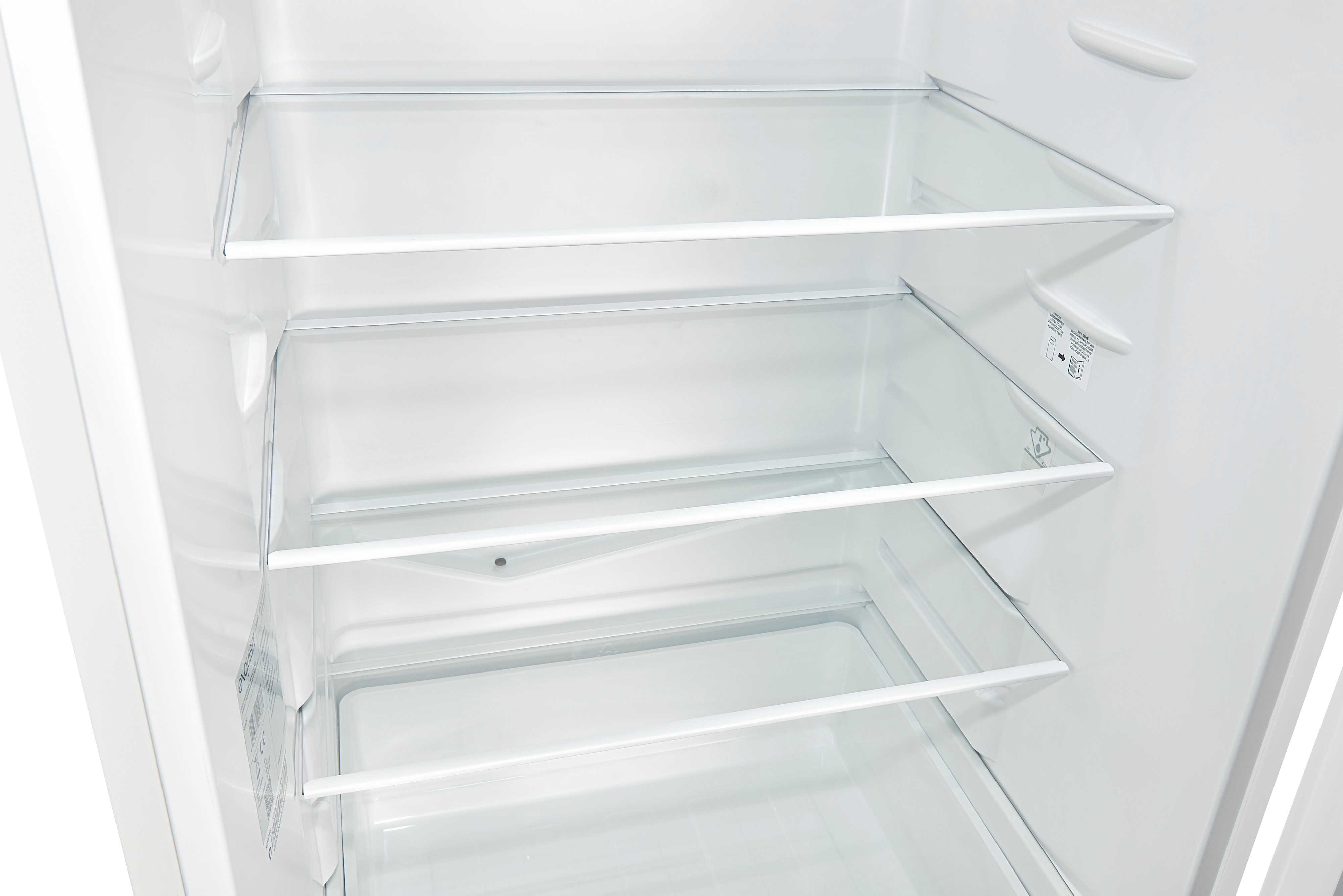 Inside a white refrigerator with three empty glass shelves, no items are visible.