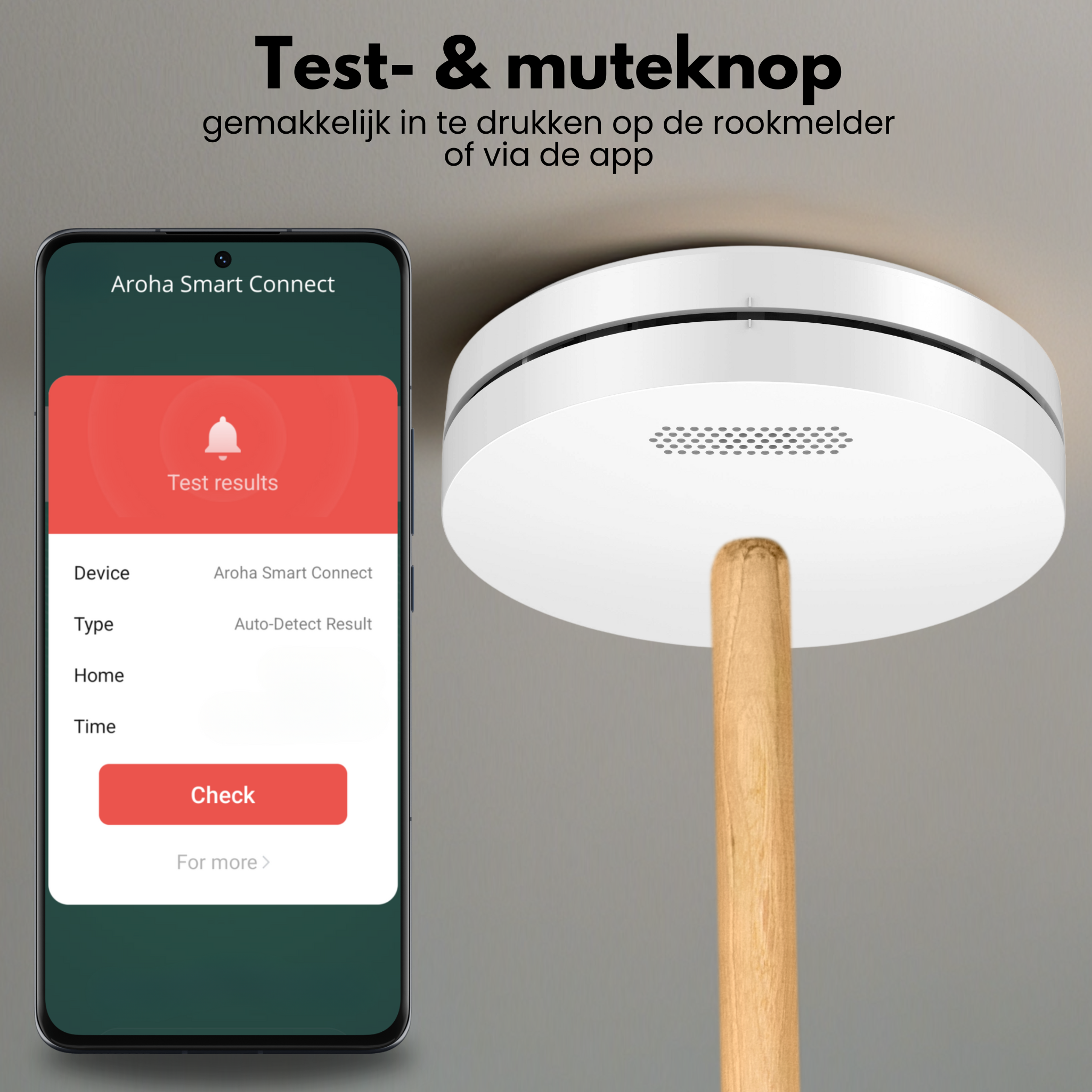 Un détecteur de fumée intelligent avec un téléphone affichant les résultats du test. Texte : 'Résultats' et 'Vérifier'.