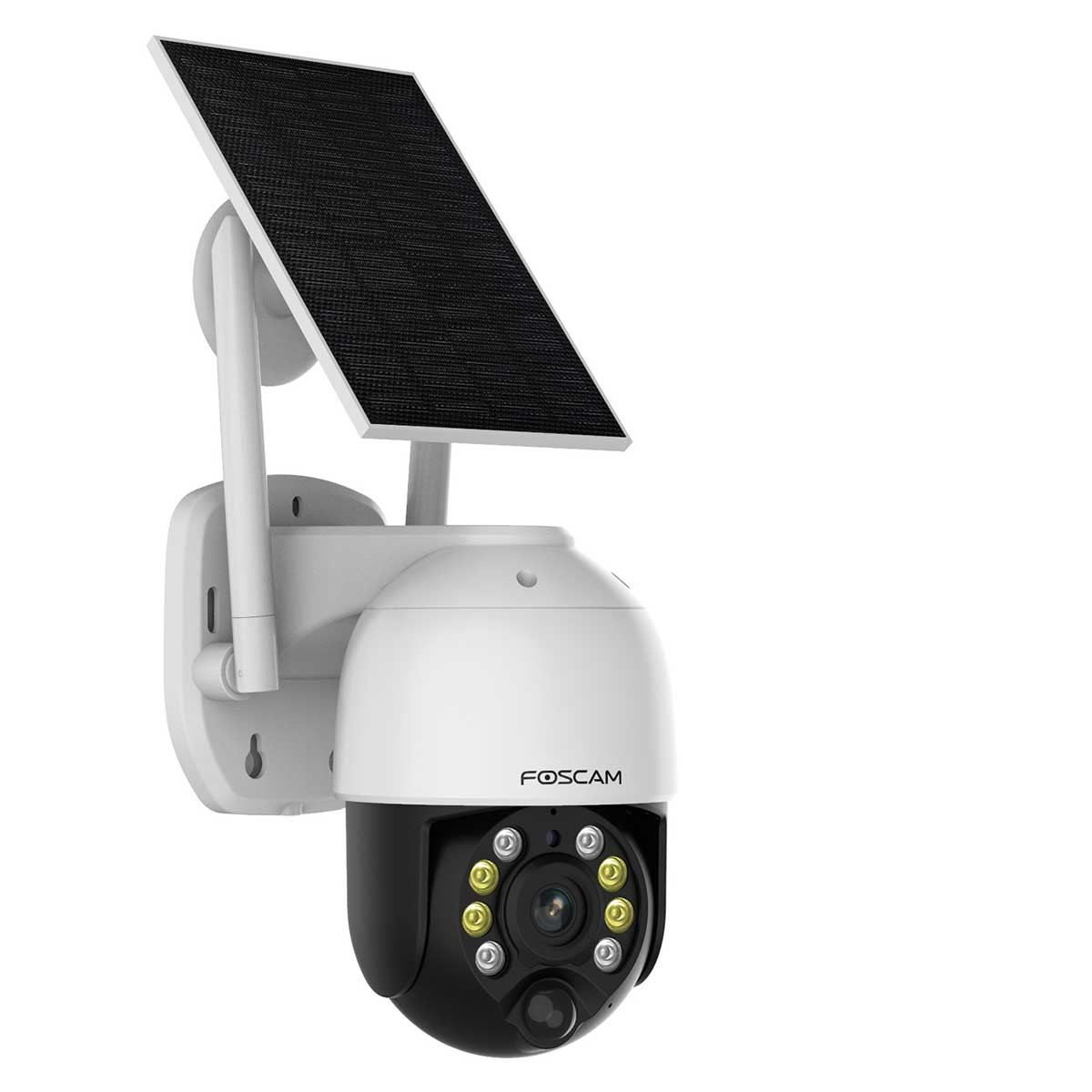 Biało-czarna kamera bezpieczeństwa z panelem słonecznym i białym tłem.