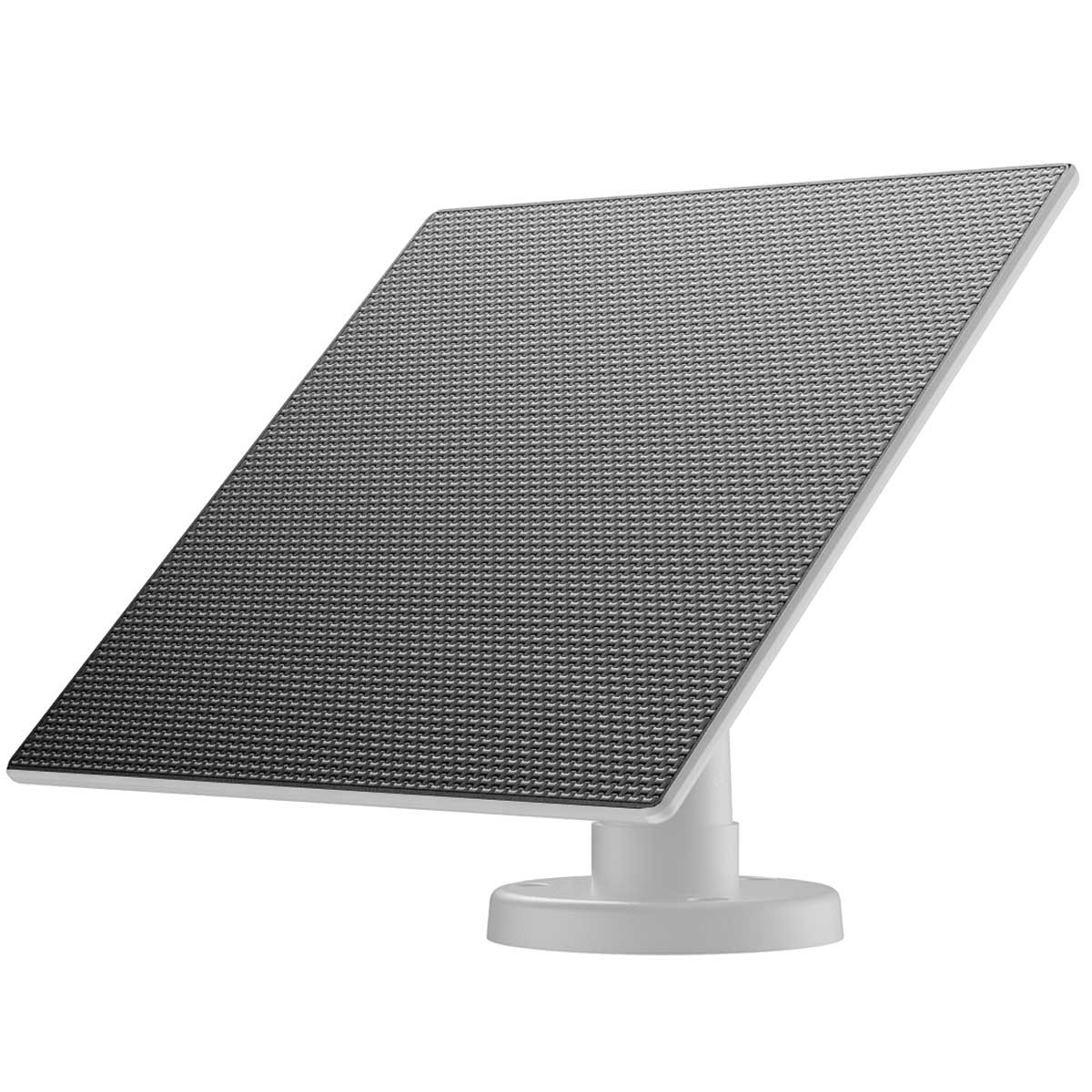 Ein Solarpanel auf einem weißen Ständer montiert. Das Panel ist abgewinkelt und hat eine strukturierte, dunkle Oberfläche.
