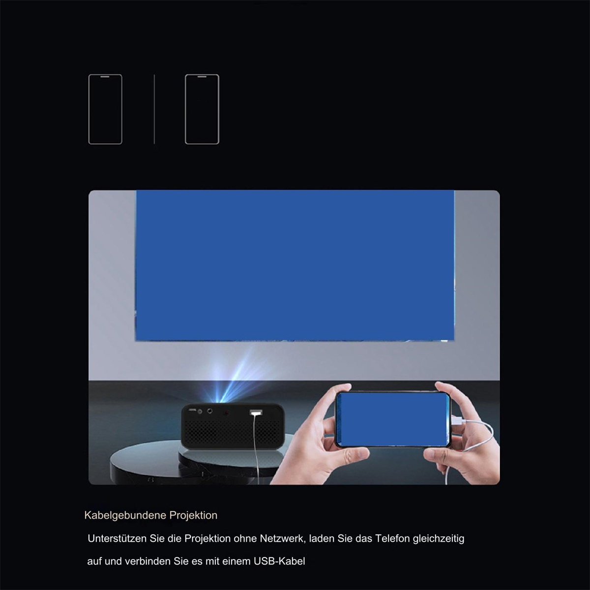 Ein Projektor, der auf eine blaue Leinwand projiziert, mit einem daran angeschlossenen Telefon, mit schwarzer Oberfläche.
