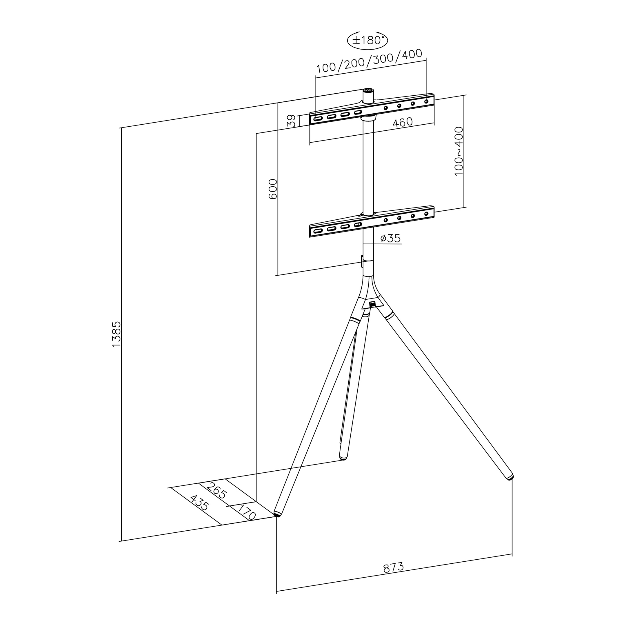 Technical drawing of a TV stand. Shows dimensions and measurements in millimeters, with angles.