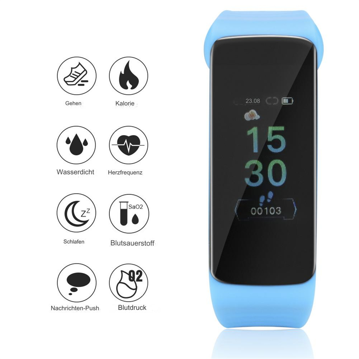 Ein blauer Fitnesstracker mit einem Bildschirm, der Zeit- und Gesundheitsmetriken anzeigt, mit Symbolen am Rand.