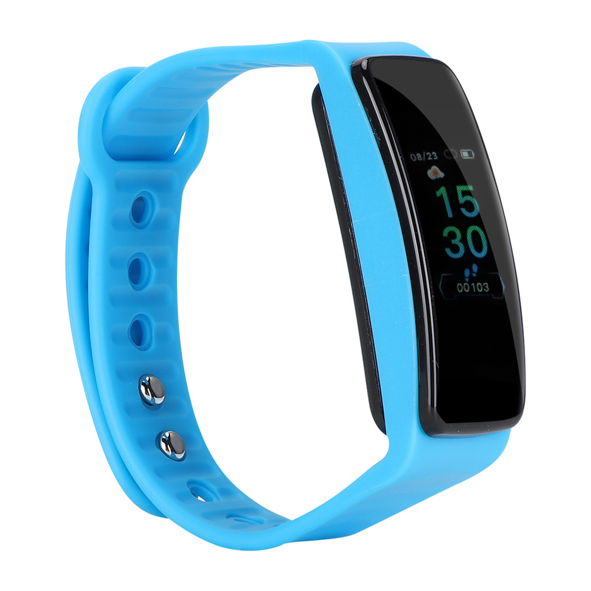 Blaues Fitness-Tracker-Smartband. Hat einen schwarzen Bildschirm, der Zeit und Datum anzeigt.