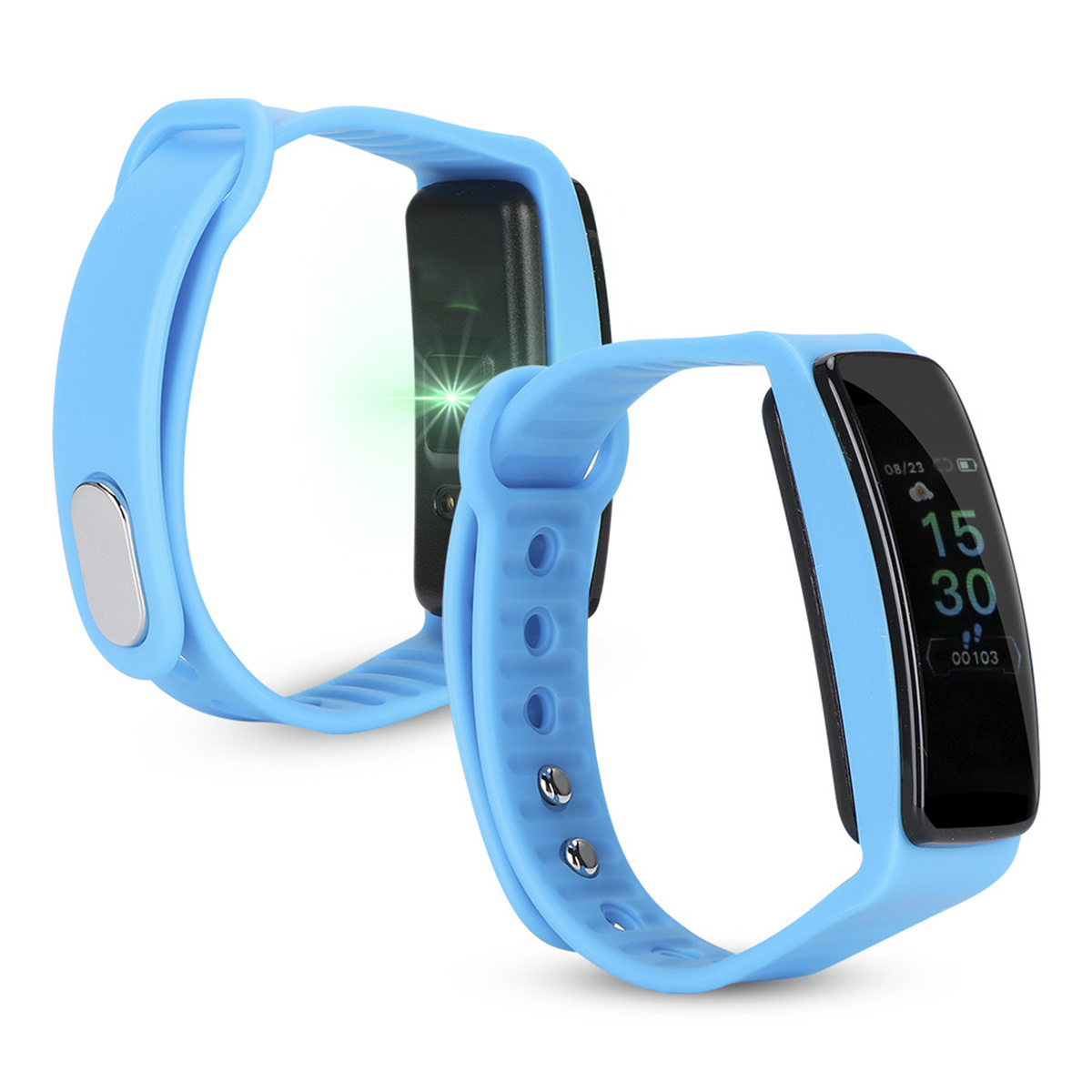 Zwei blaue Smartwatches mit Bildschirmen, die Zeit und Daten anzeigen. Weißer Hintergrund.