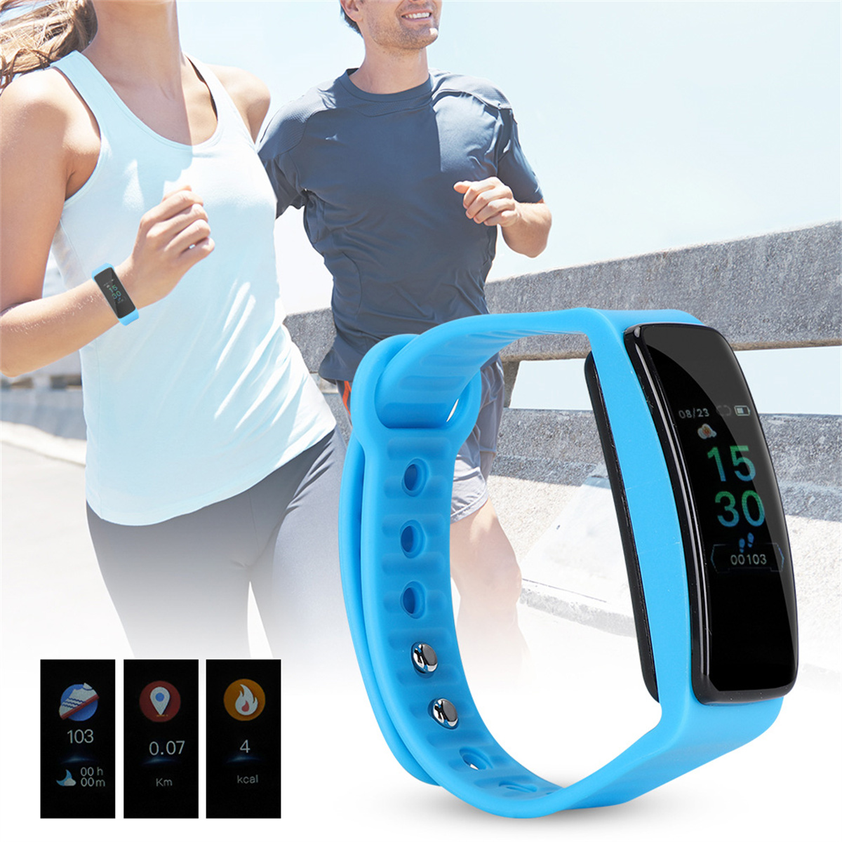 Fitness-Tracker am Handgelenk mit Läufer im Hintergrund. Zeigt Herzfrequenz, Zeit, Distanz und Kalorien.