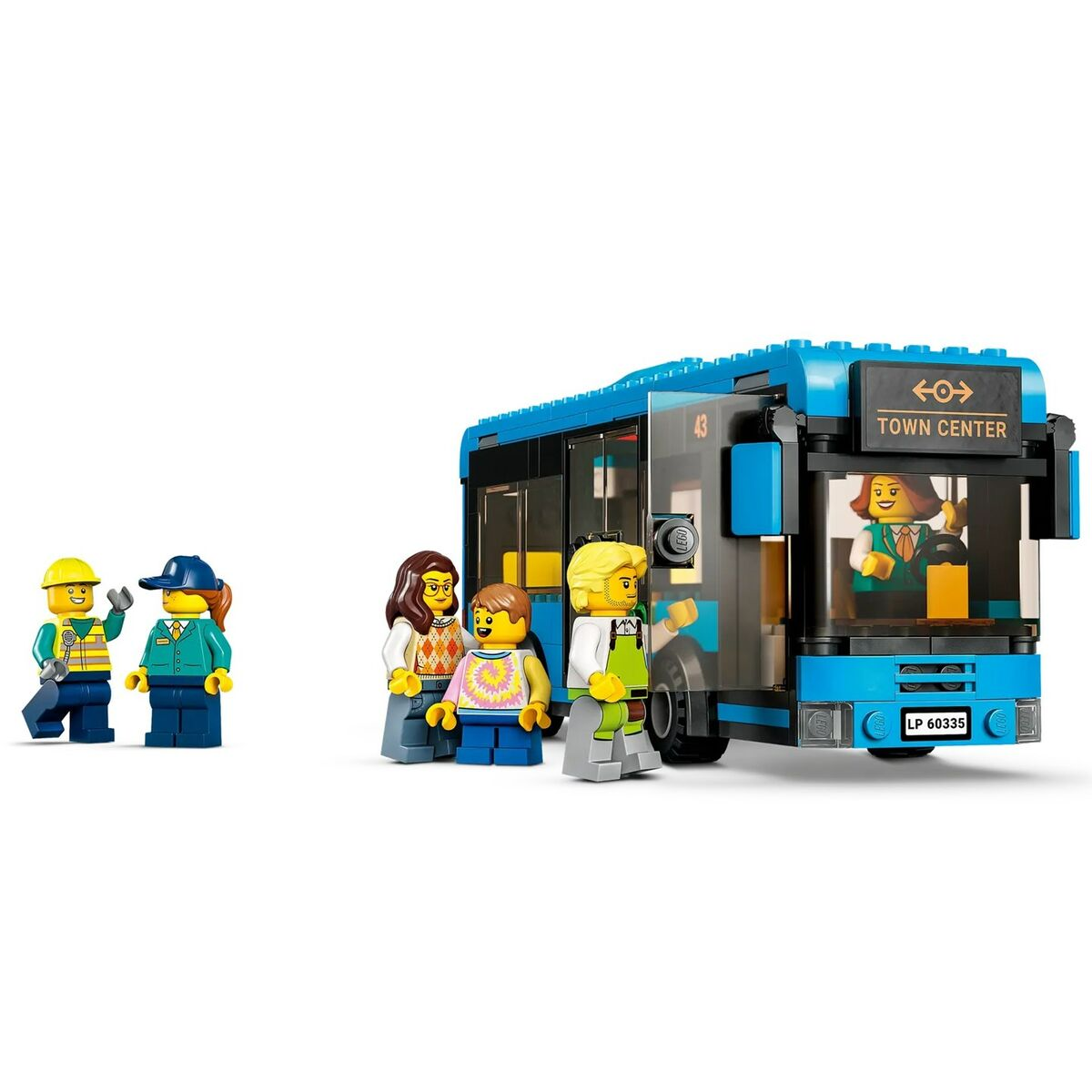 Autobus LEGO City z minifigurkami. Obecny kierowca autobusu, robotnicy i pasażerowie.