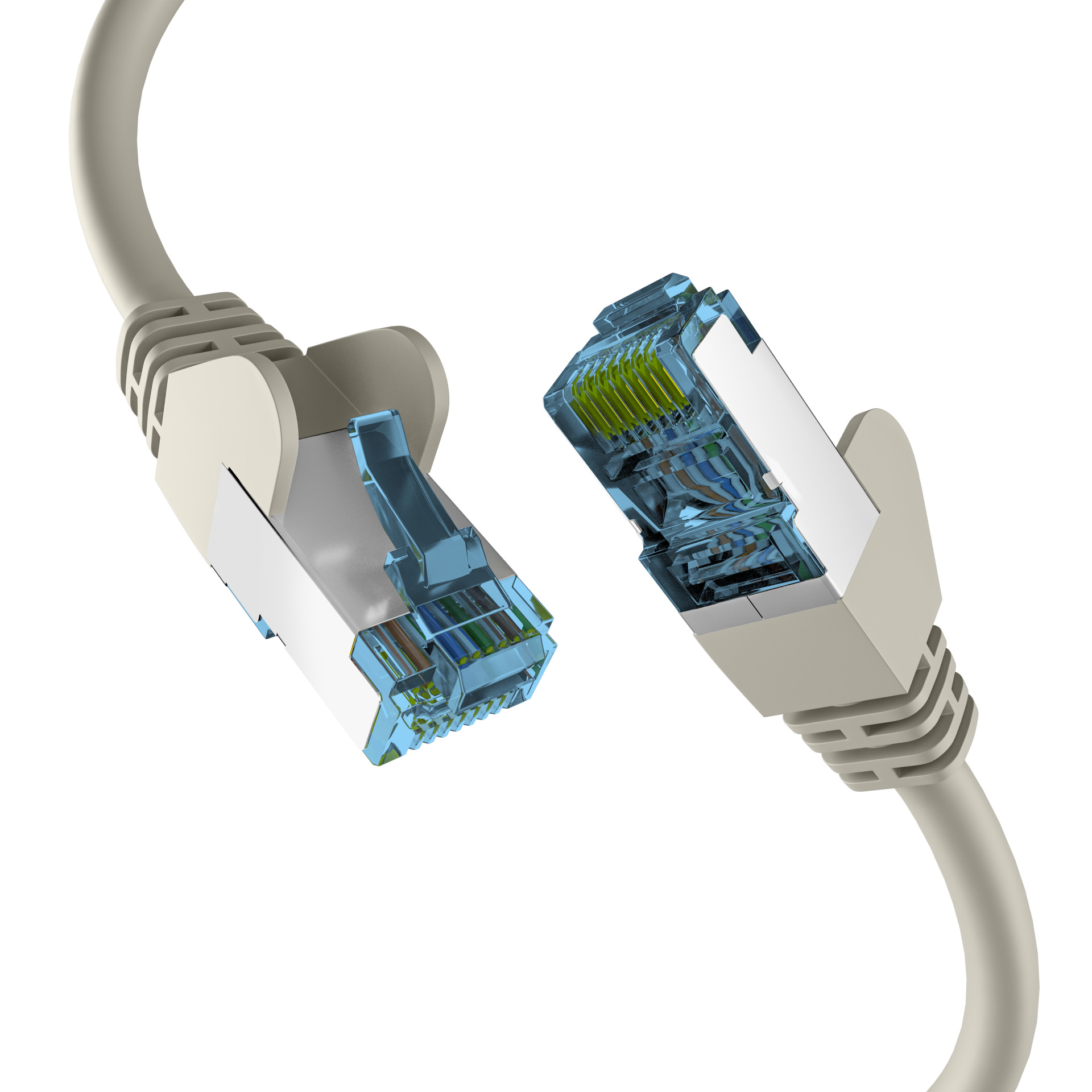 Due cavi di rete beige con connettori RJ45. Uno staccato.