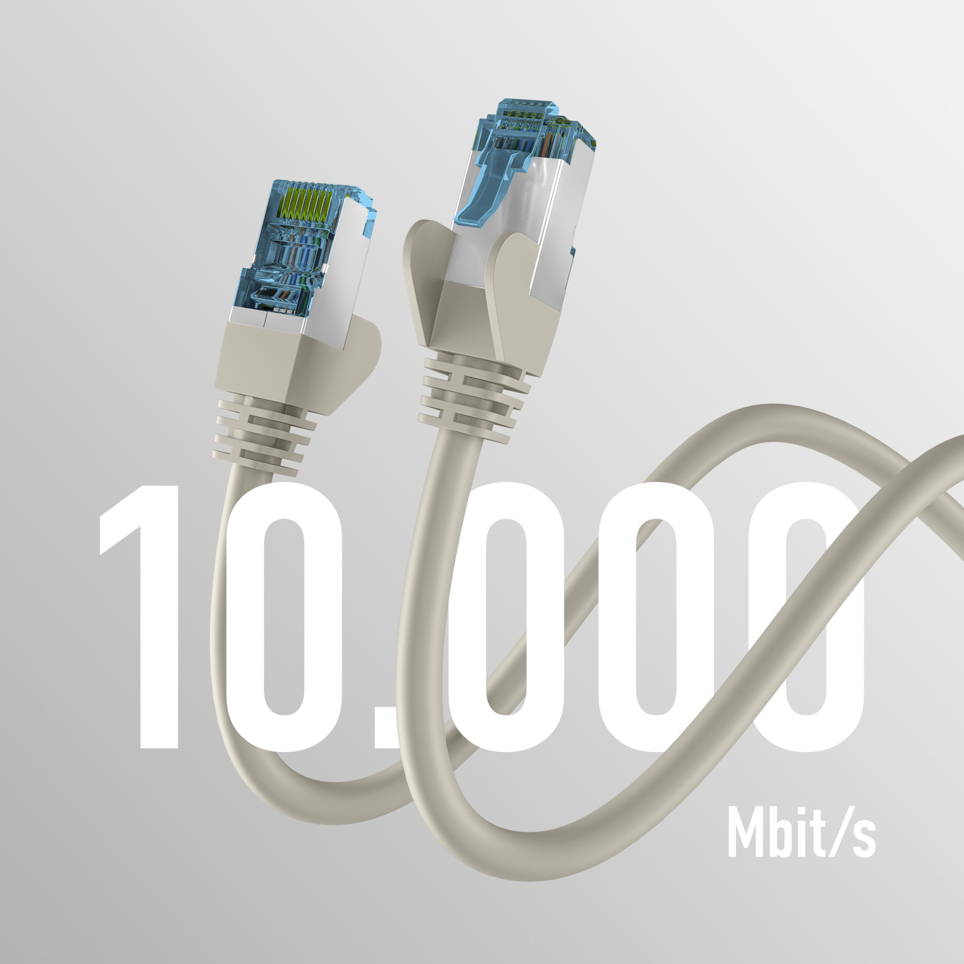 Dwa beżowe kable sieciowe z wtyczkami i tekstem '10.000 Mbit/s'.