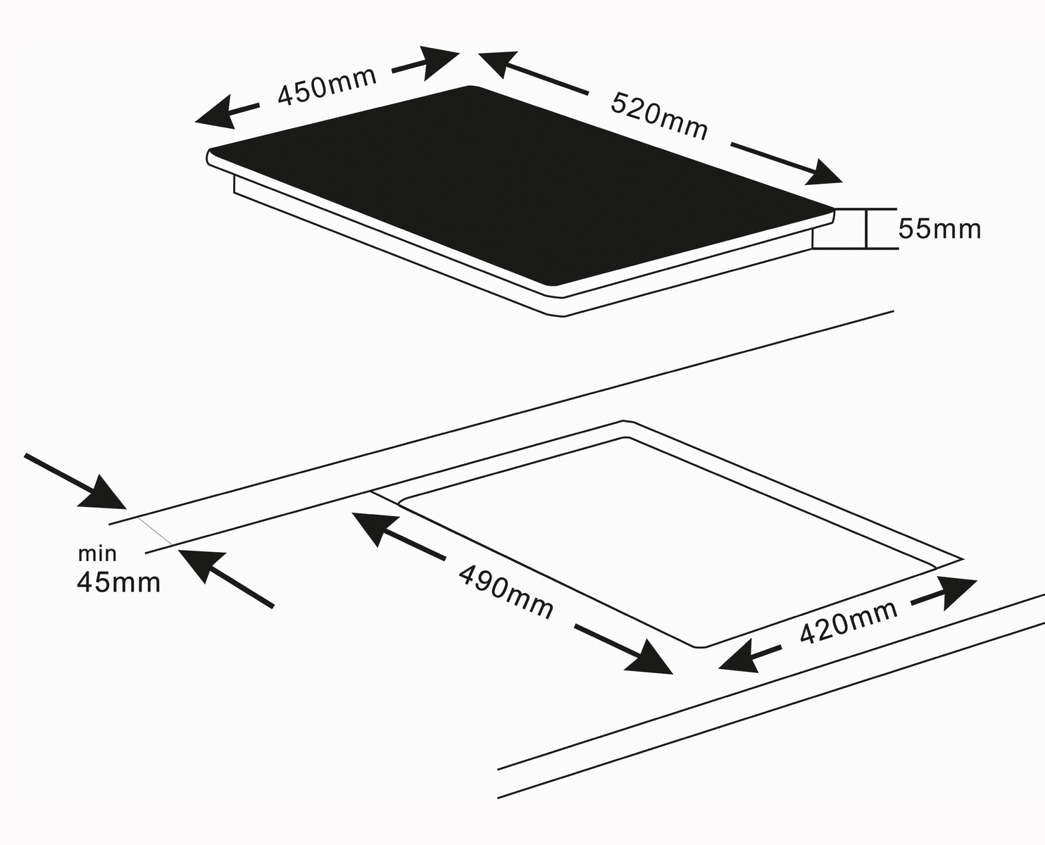 Diagramm eines Kochfelds mit angegebenen Abmessungen, einschließlich Kochfeld- und Ausschnittgrößen.