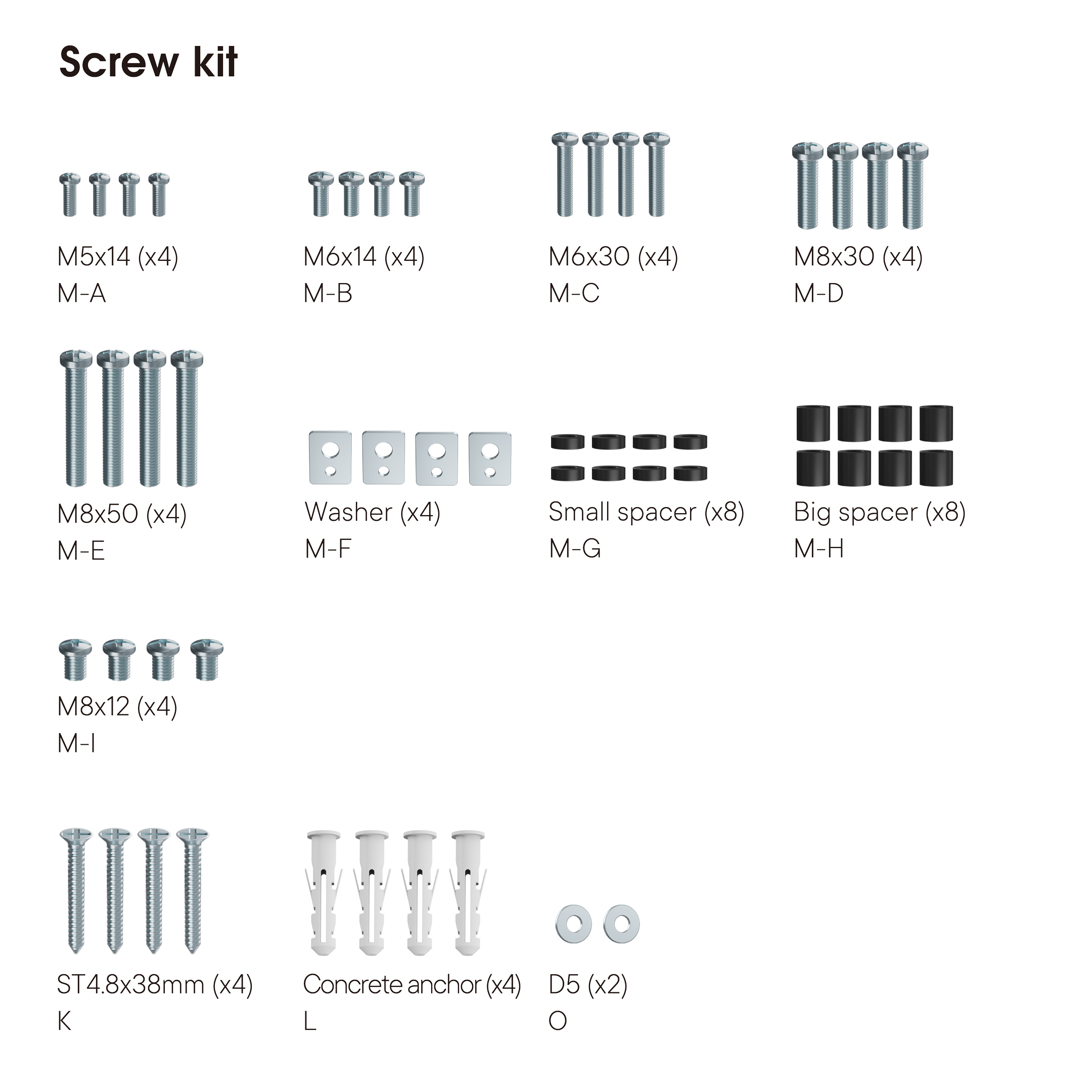 Une collection de vis, rondelles et entretoises pour un kit de vis.