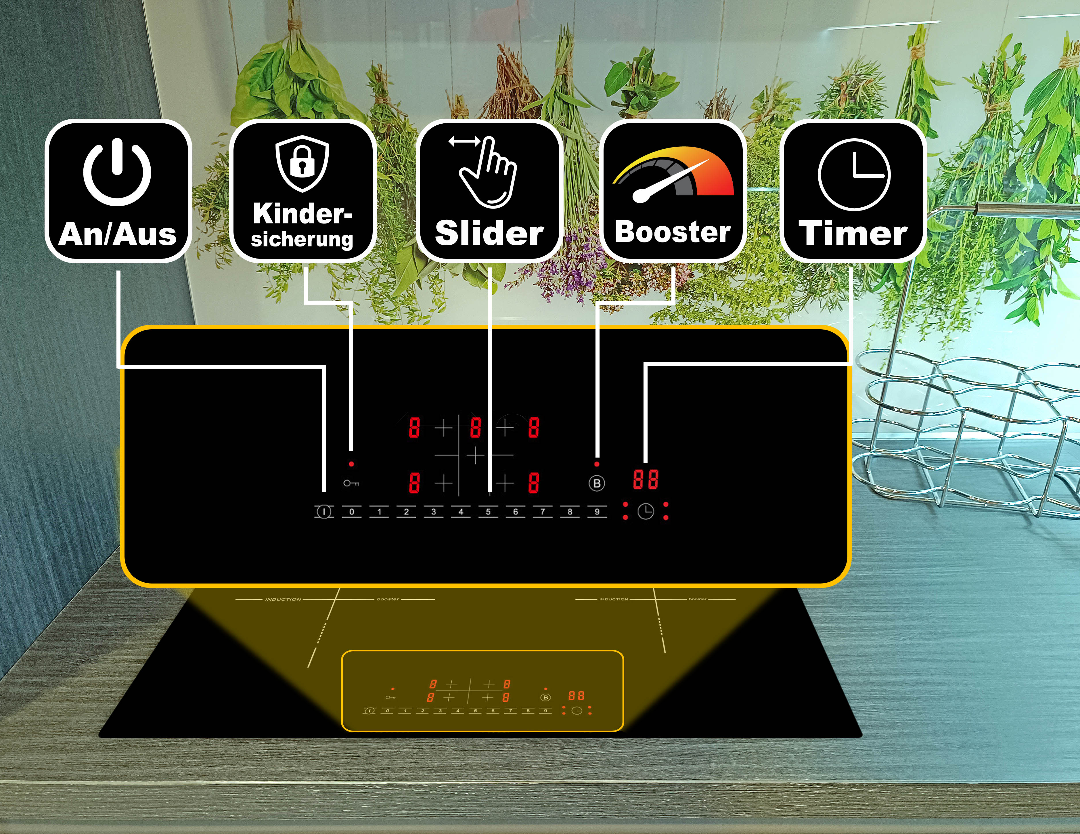 Ein Induktionskochfeld mit Touch-Bedienelementen und Symbolen für Leistung, Kindersicherung, Schieberegler, Booster und Timer.