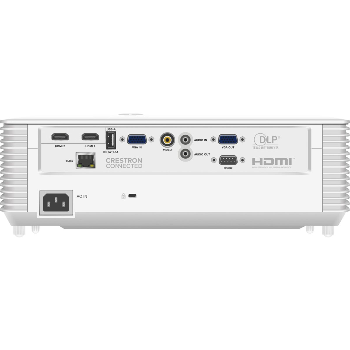 Rückseite eines weißen Projektors mit verschiedenen Anschlüssen, darunter HDMI, VGA und USB.