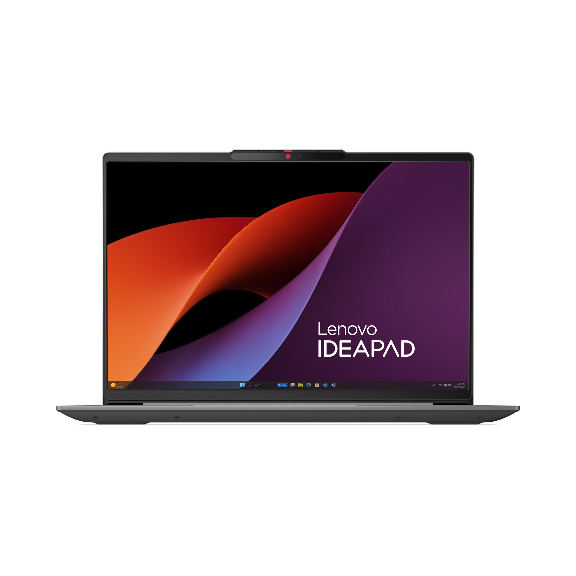 Laptop Lenovo IdeaPad, otwarty, z kolorowym, abstrakcyjnym wyświetlaczem. Pokrywa jest szara.