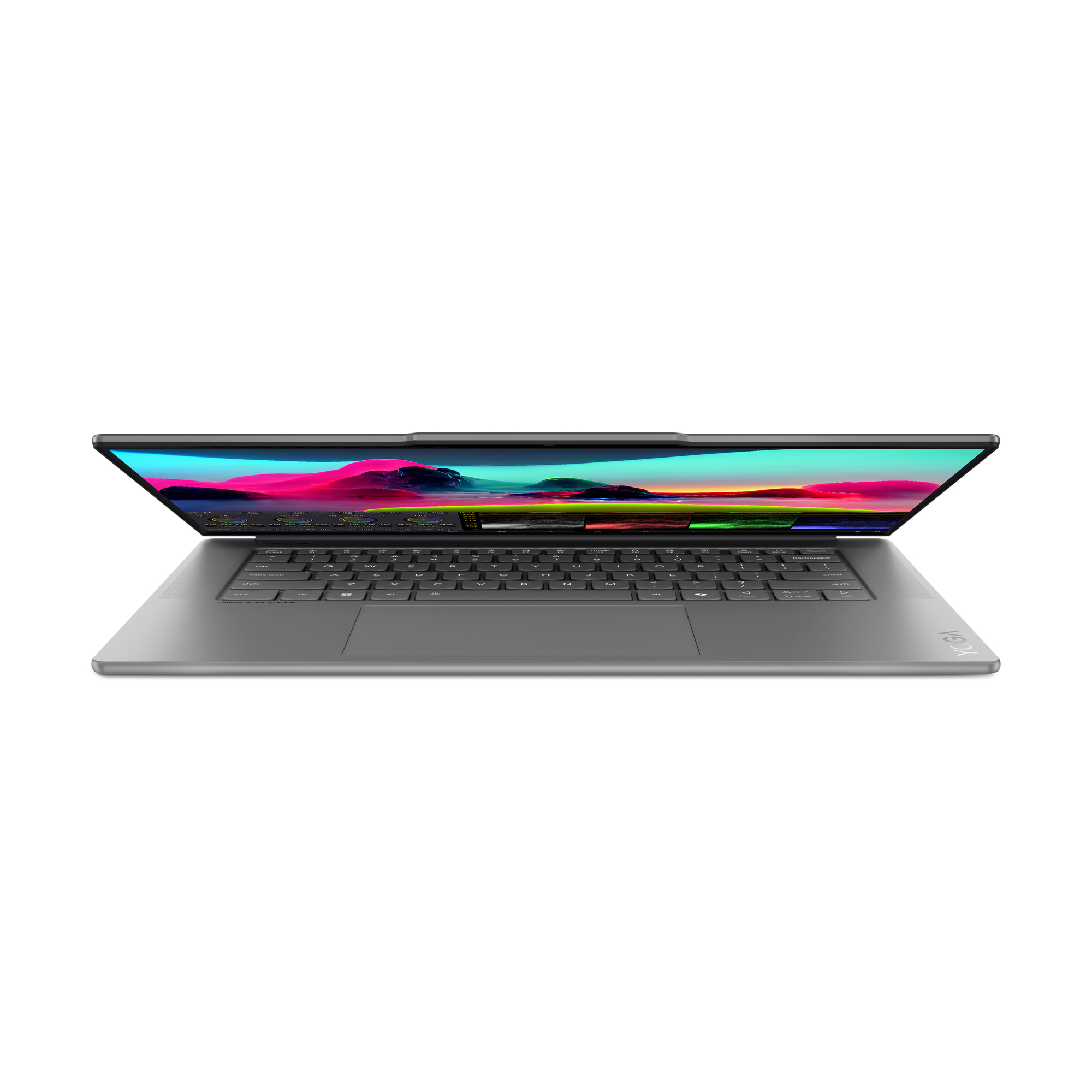 Laptop offen auf weißem Hintergrund. Das Display zeigt eine bunte Szene.