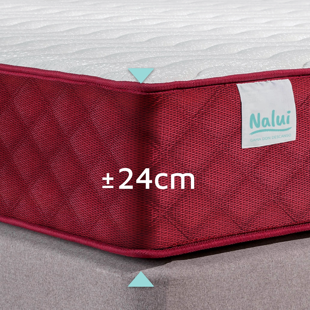 Primer plano del borde de un colchón. Tejido rojo con parte superior blanca. Texto: ±24cm y etiqueta 'Nalui'.