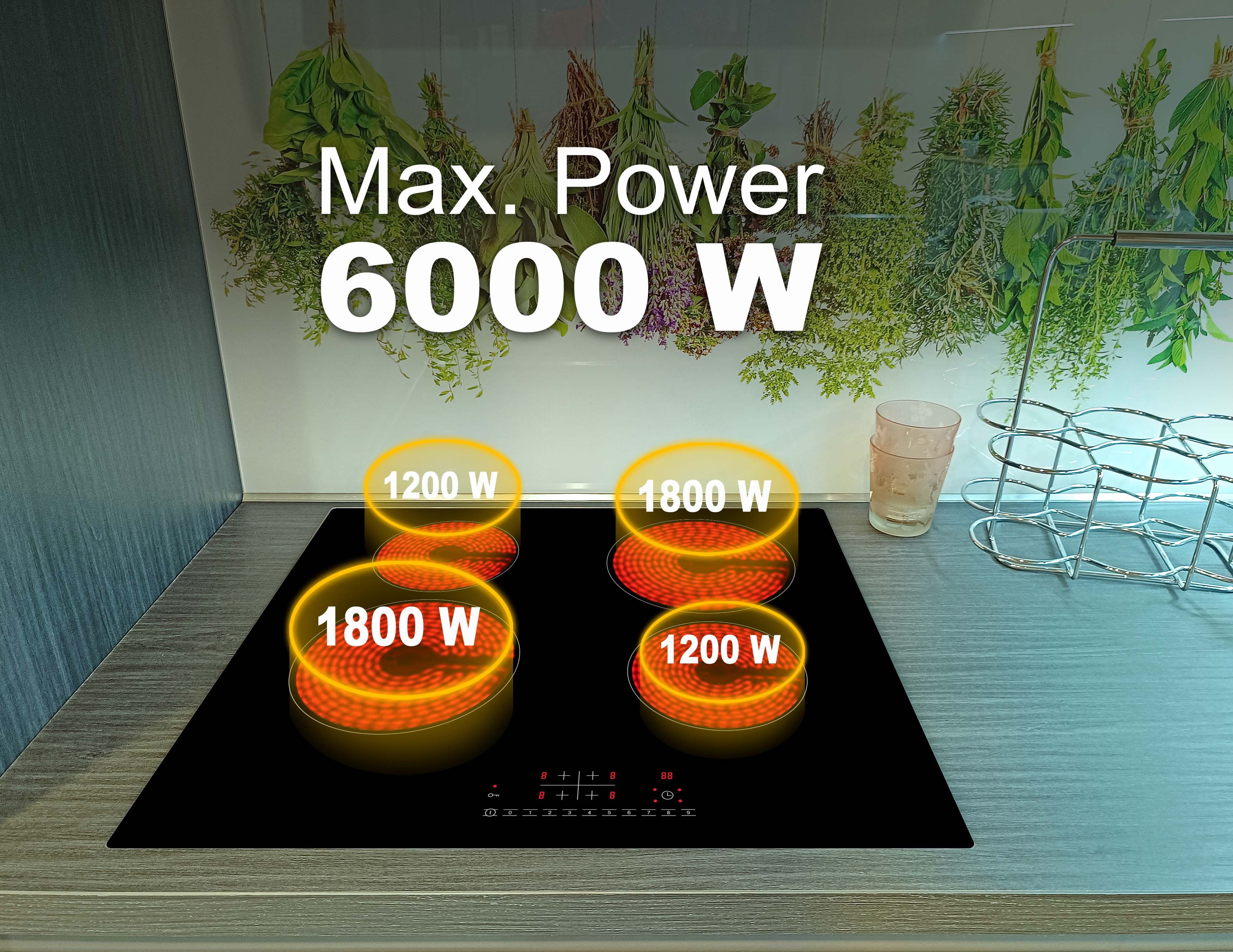 Ein schwarzes Induktionskochfeld mit 4 Kochfeldern, mit Wattzahlen beschriftet. Der Text oben lautet Max. Power 6000 W.