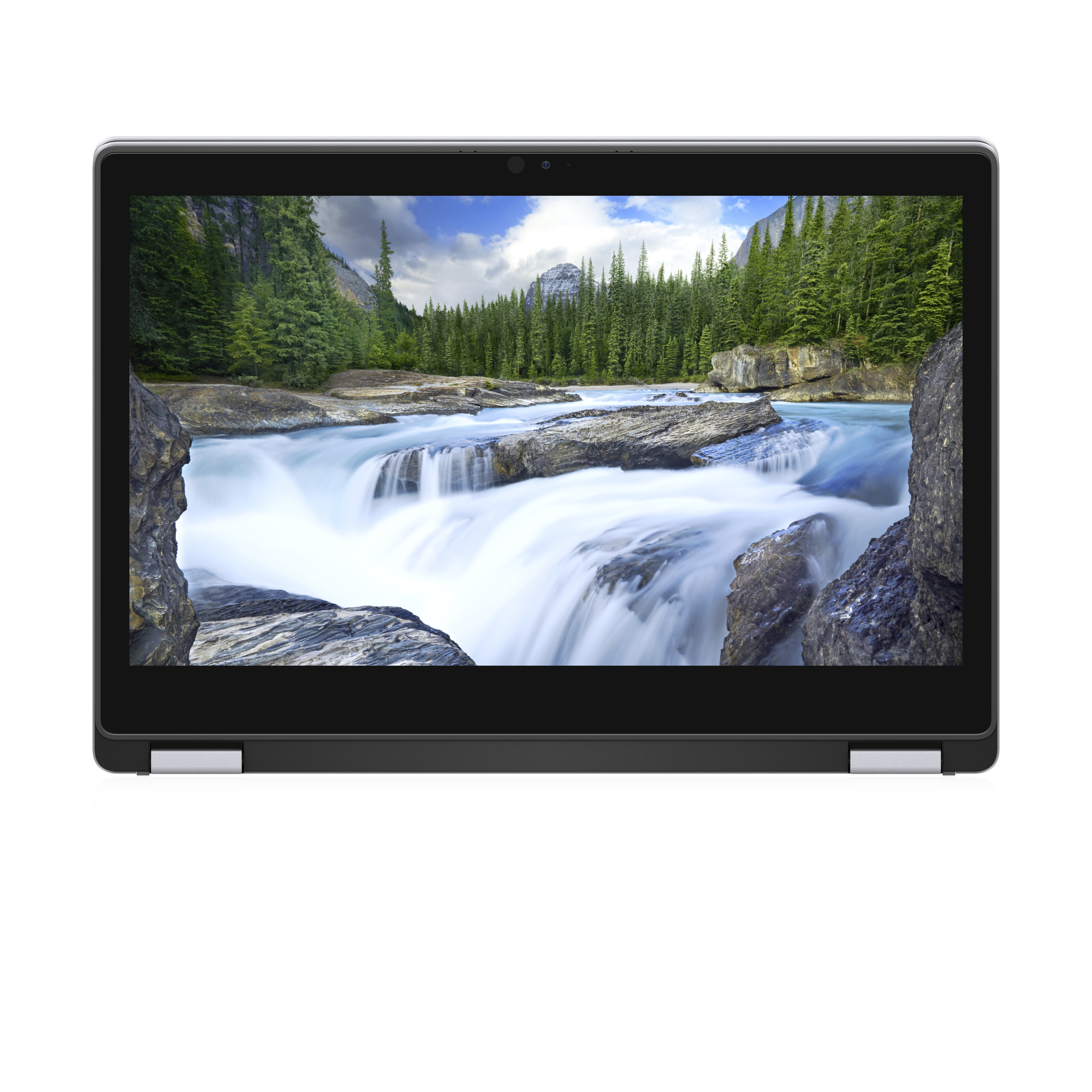 Laptop met een schilderachtig uitzicht op een waterval en bos op een witte achtergrond. Scherm is open.