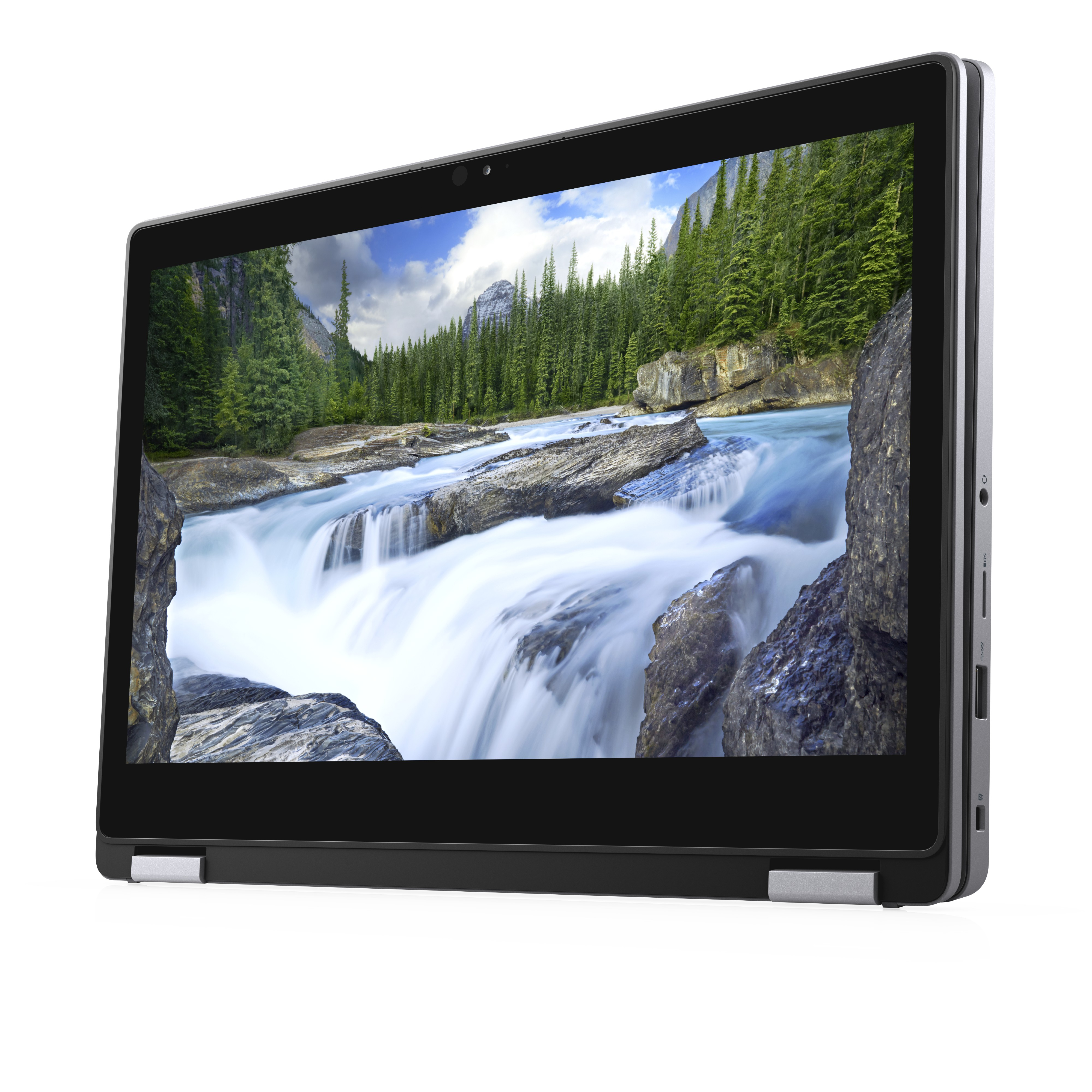 Een laptop in tabletmodus, met een watervalscène. Het staat op een wit oppervlak.