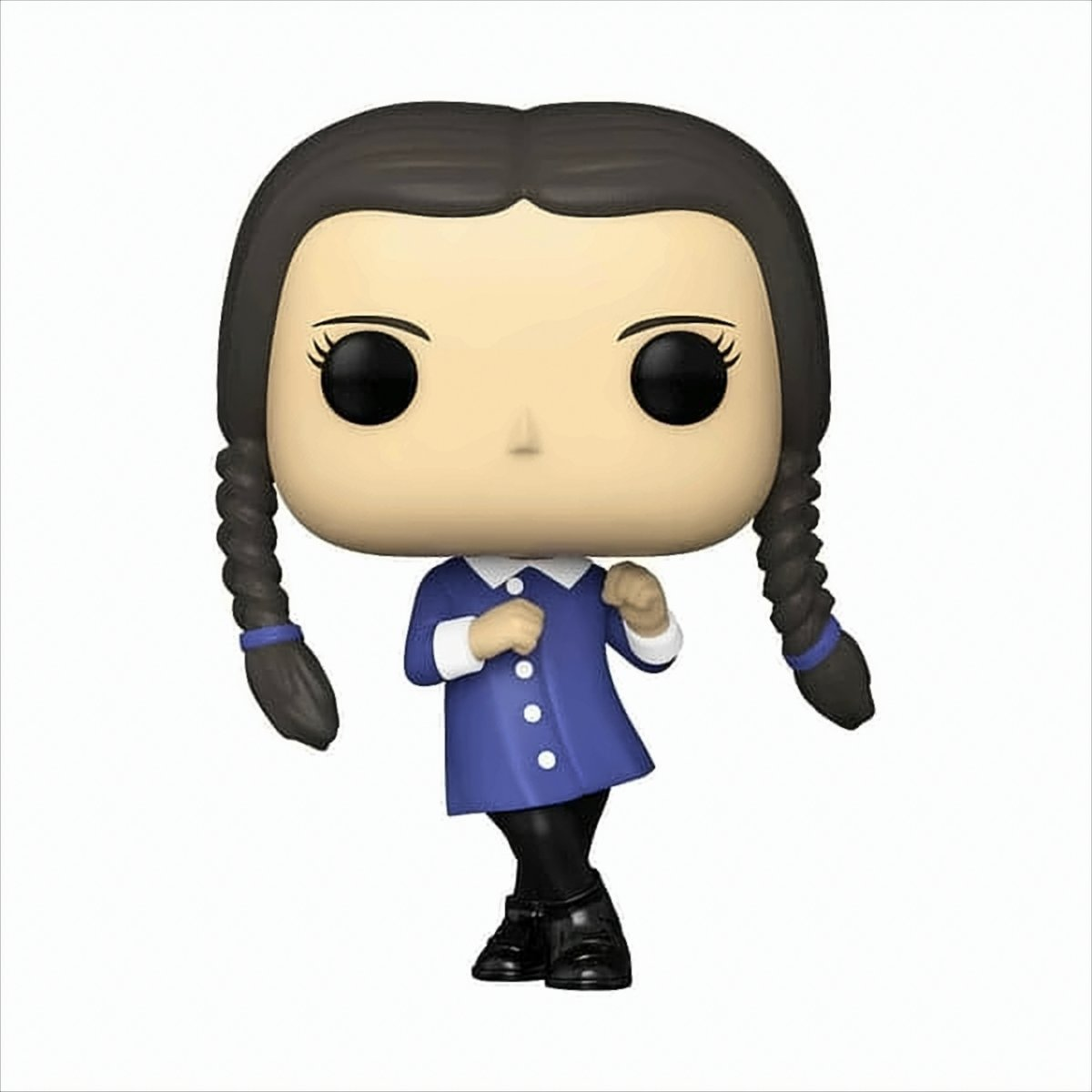 Una figura Funko Pop di Mercoledì Addams nel suo outfit classico, con trecce nere e vestito blu.