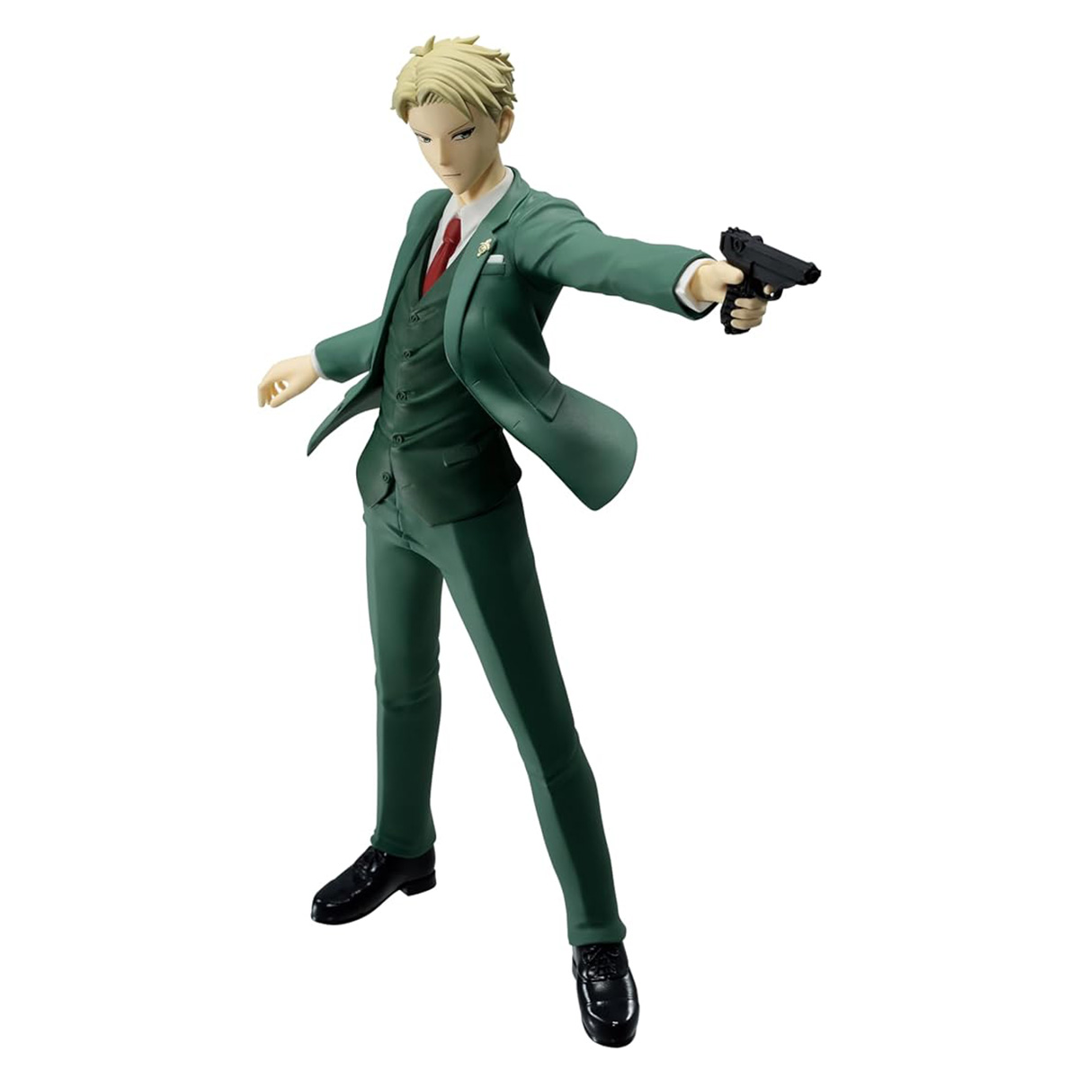 Una figura de un hombre con un traje verde, sosteniendo una pistola. El hombre está de pie con una postura segura.