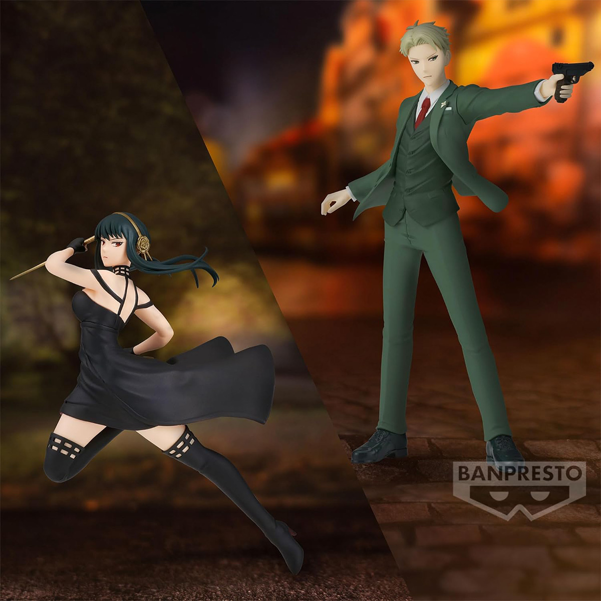 Figuras de anime de una mujer con vestido negro y espada y un hombre con arma.