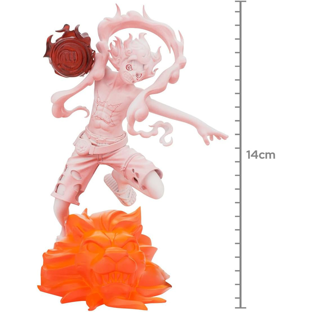 Figura de un personaje de anime rosa en pose de acción con una base naranja fuego.