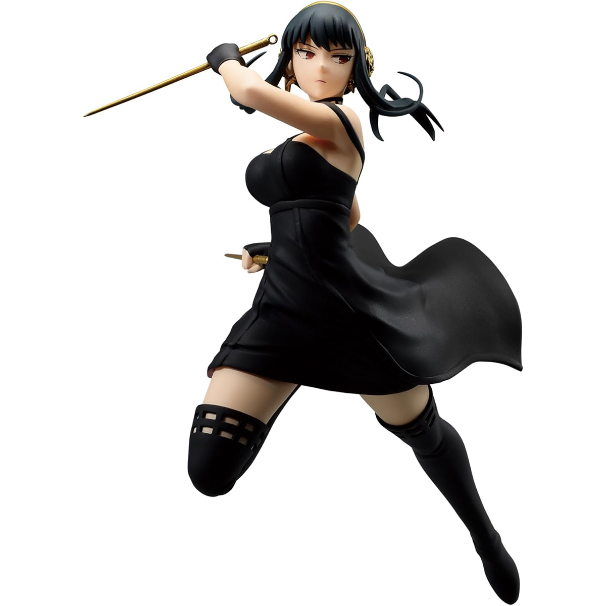 Eine Figur einer Frau in einem schwarzen Kleid, die ein Schwert hält, in einer dynamischen Pose, bereit zum Zuschlagen.
