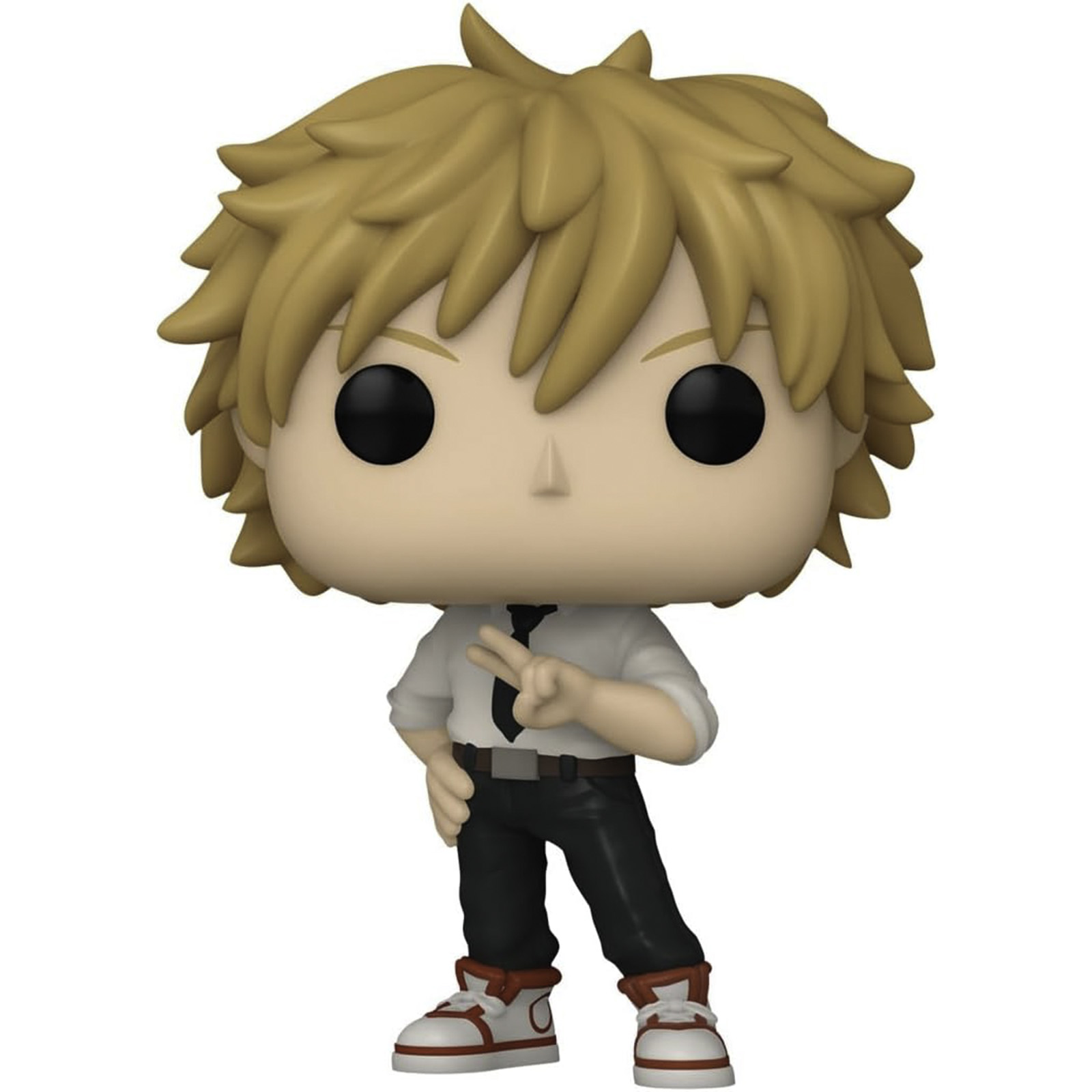 Funko Pop-Figur eines Cartoon-Jungen mit blonden Haaren, gekleidet in einem weißen Hemd, schwarzer Hose und roten Schuhen.