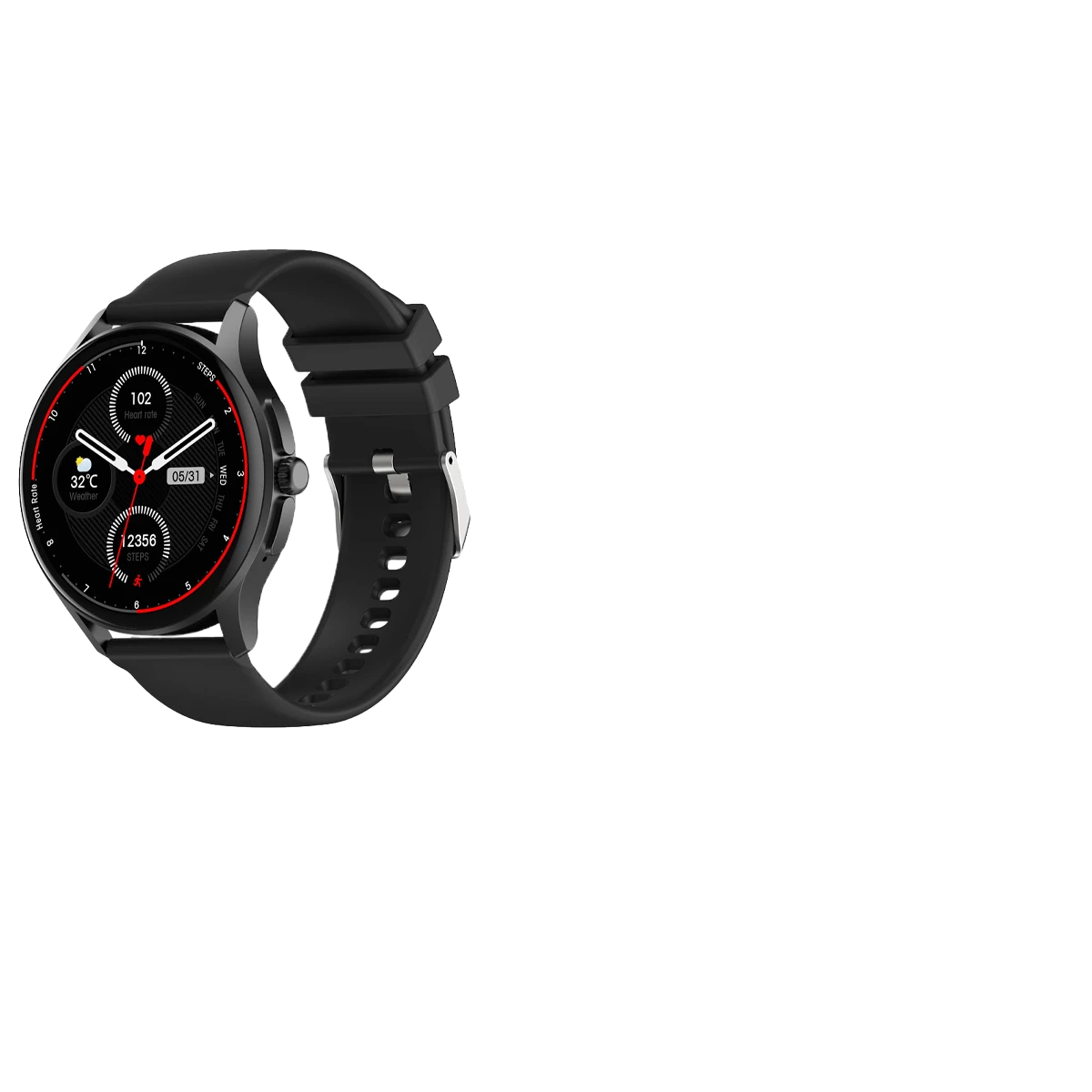 Eine schwarze Smartwatch mit rundem Zifferblatt, die Zeit, Schritte und Herzfrequenzdaten anzeigt.