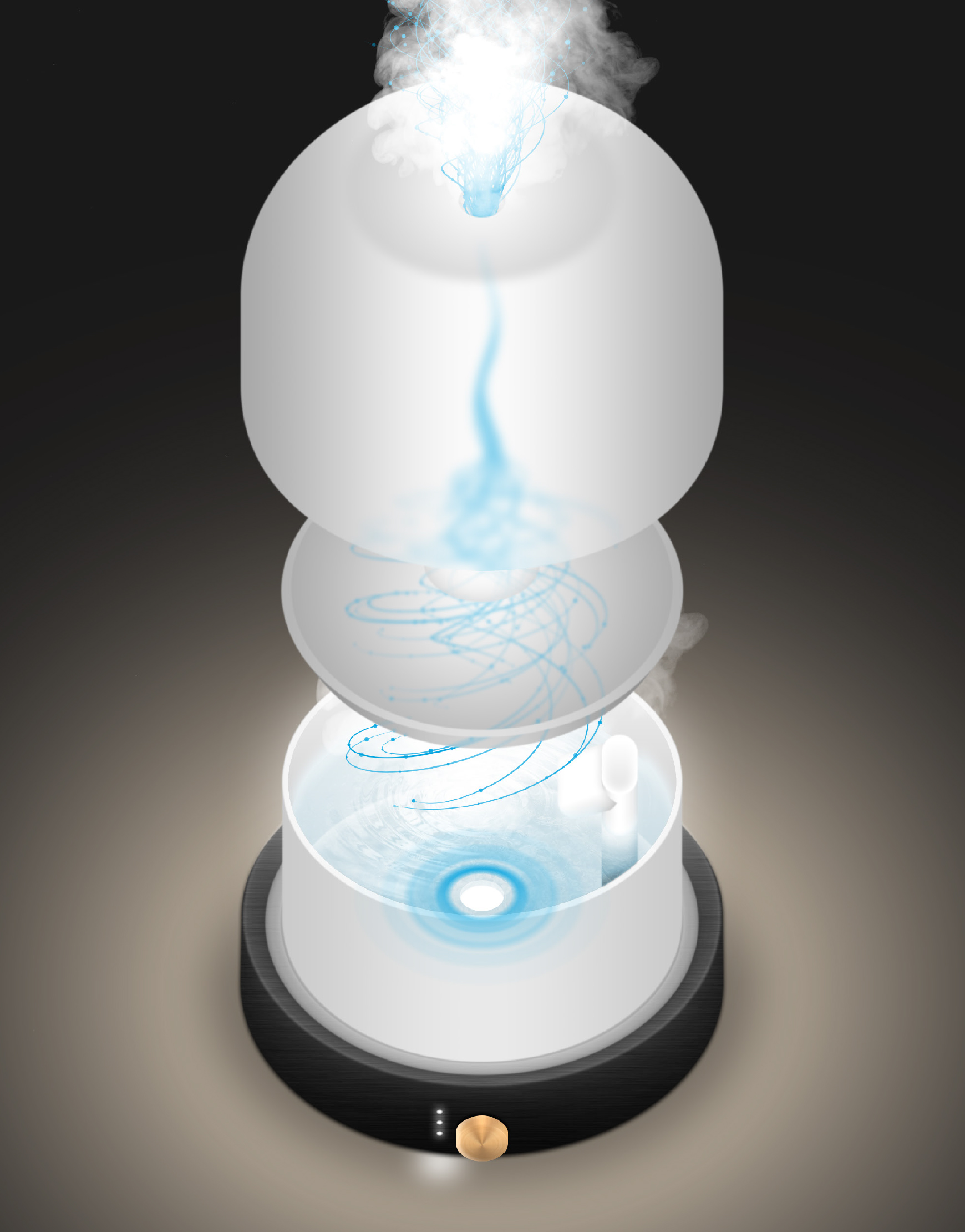An exploded view of an air humidifier, showing the internal components and airflow paths.