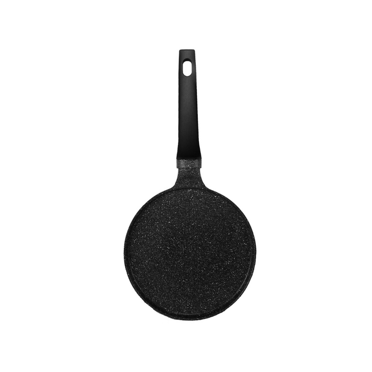 Schwarze Antihaftpfanne mit schwarzem Griff.