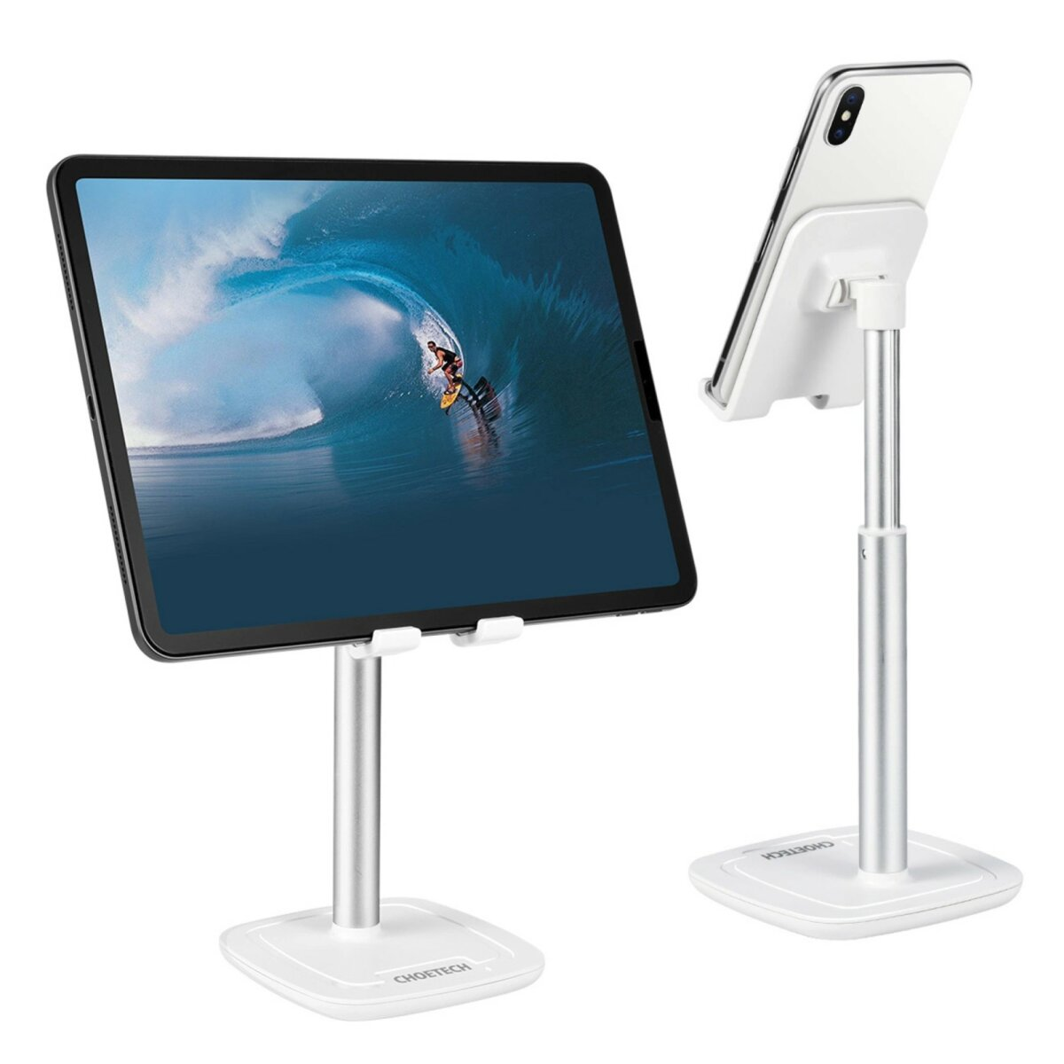 Zwei Tablet- und Telefonständer mit Geräten auf weißem Hintergrund.