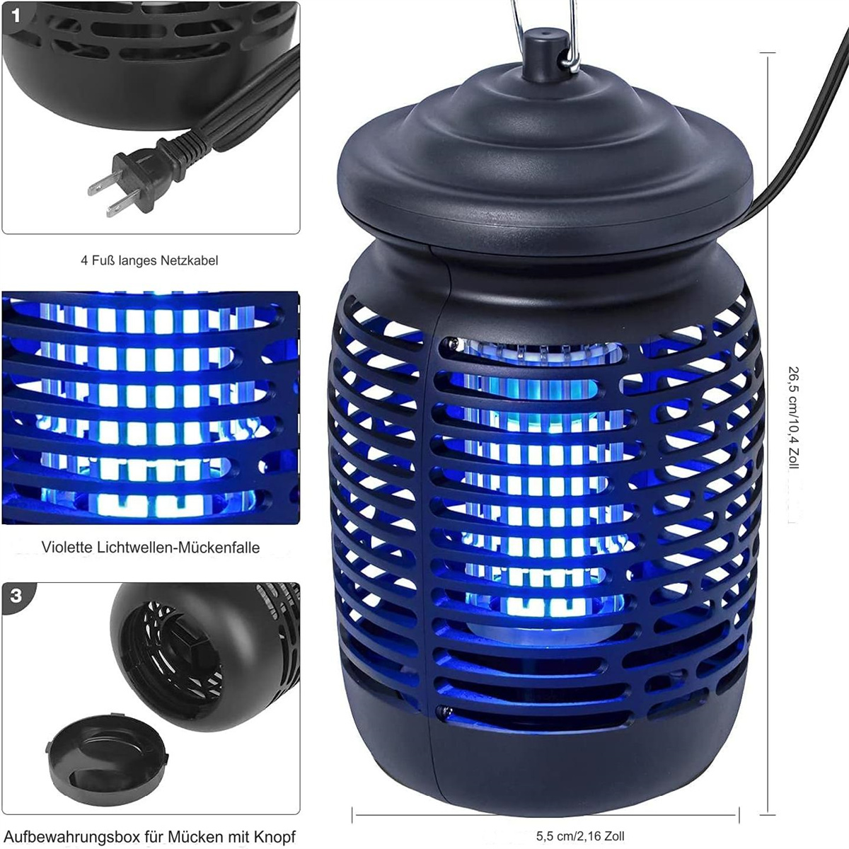 Ein schwarzer Insektenvernichter mit blauem Licht, mit Details des Netzsteckers und der unteren Auffangschale.
