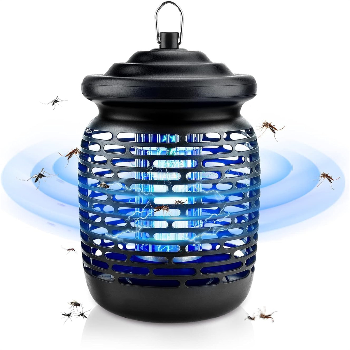 Schwarzer Insektenvernichter mit blauem Licht und einigen toten Insekten. Insekten fliegen herum.