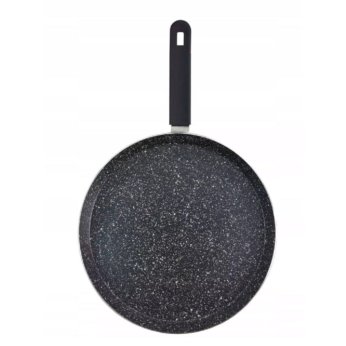Eine schwarze, gesprenkelte Pfanne mit Griff, von oben gesehen, vor weißem Hintergrund.