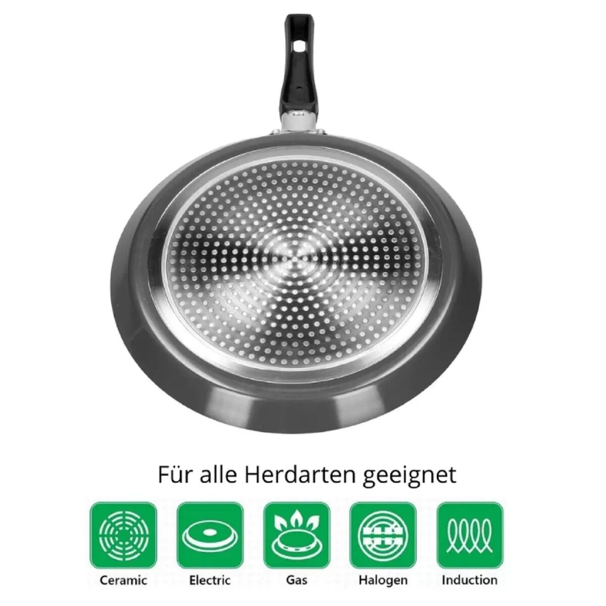 Unteransicht einer Bratpfanne mit schwarzem Griff und Text zur Kompatibilität.