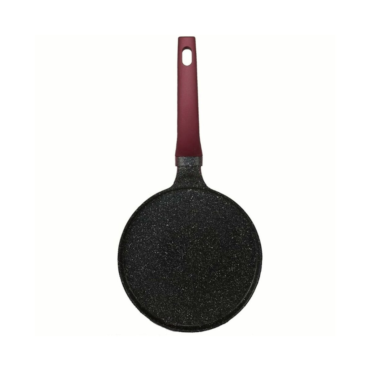 Schwarze Crêpe-Pfanne mit rotem Griff. Auf weißem Hintergrund.