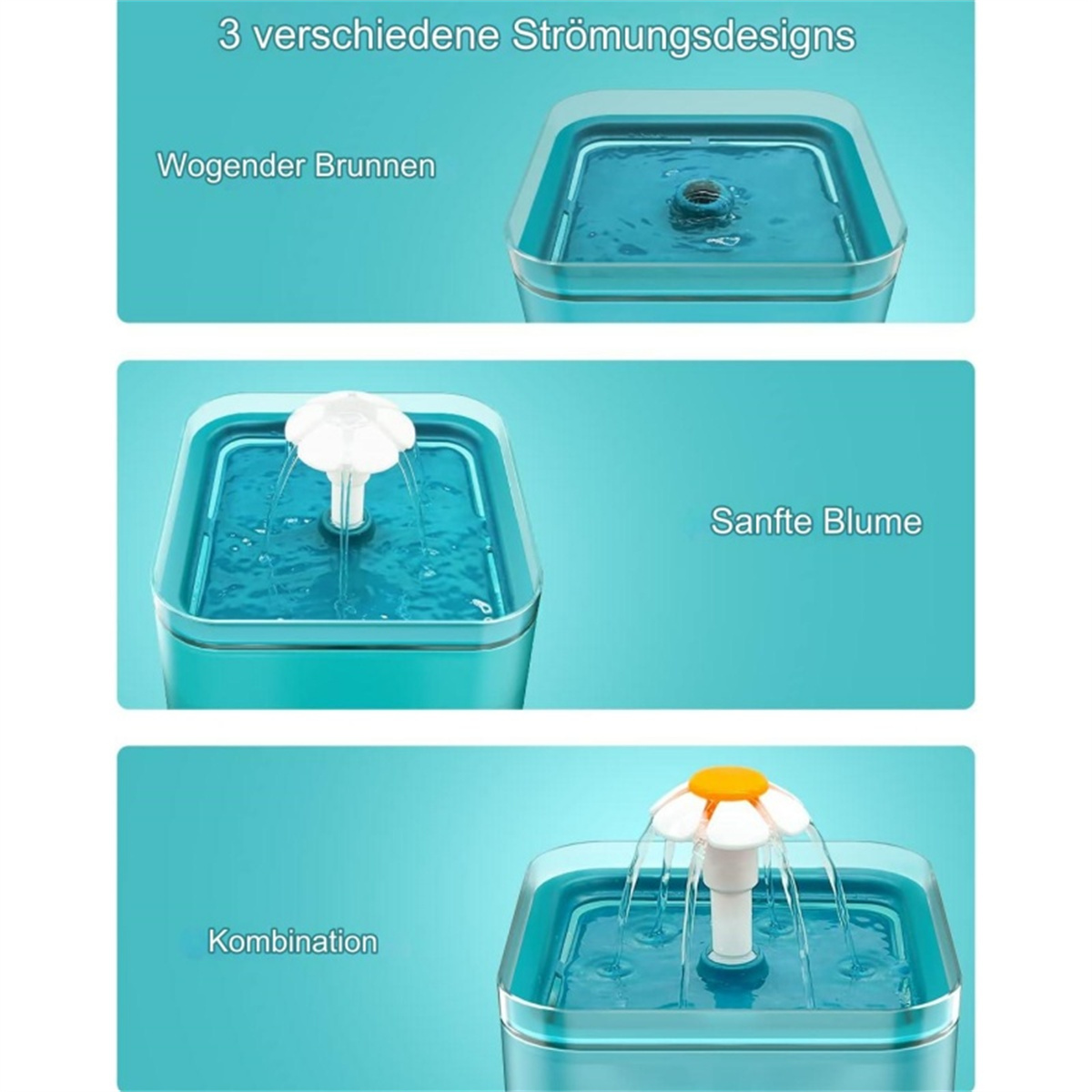Drei Bilder, die Wasserspiele mit verschiedenen Fontänendesigns in einem türkisfarbenen Behälter zeigen.
